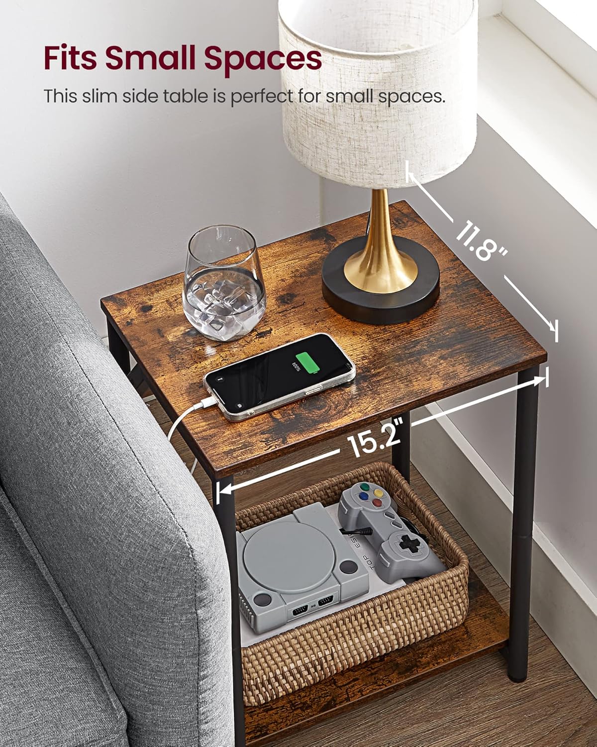 Small Side Tables, Nightstand with Outlets and USB Ports, Bedside Table with Storage Shelf