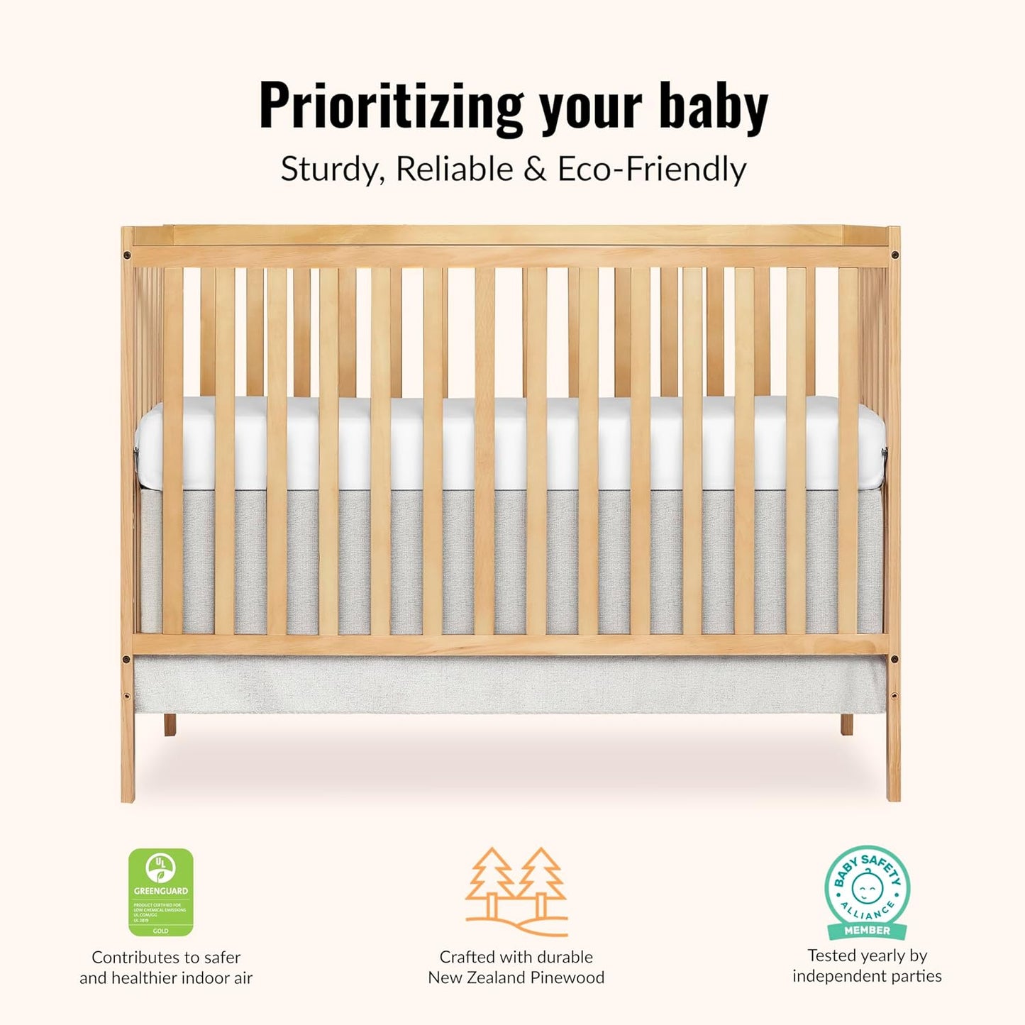 5-In-1 Convertible Crib In Natural, Greenguard Gold Certified, Fits Standard Full-Size Crib Mattress
