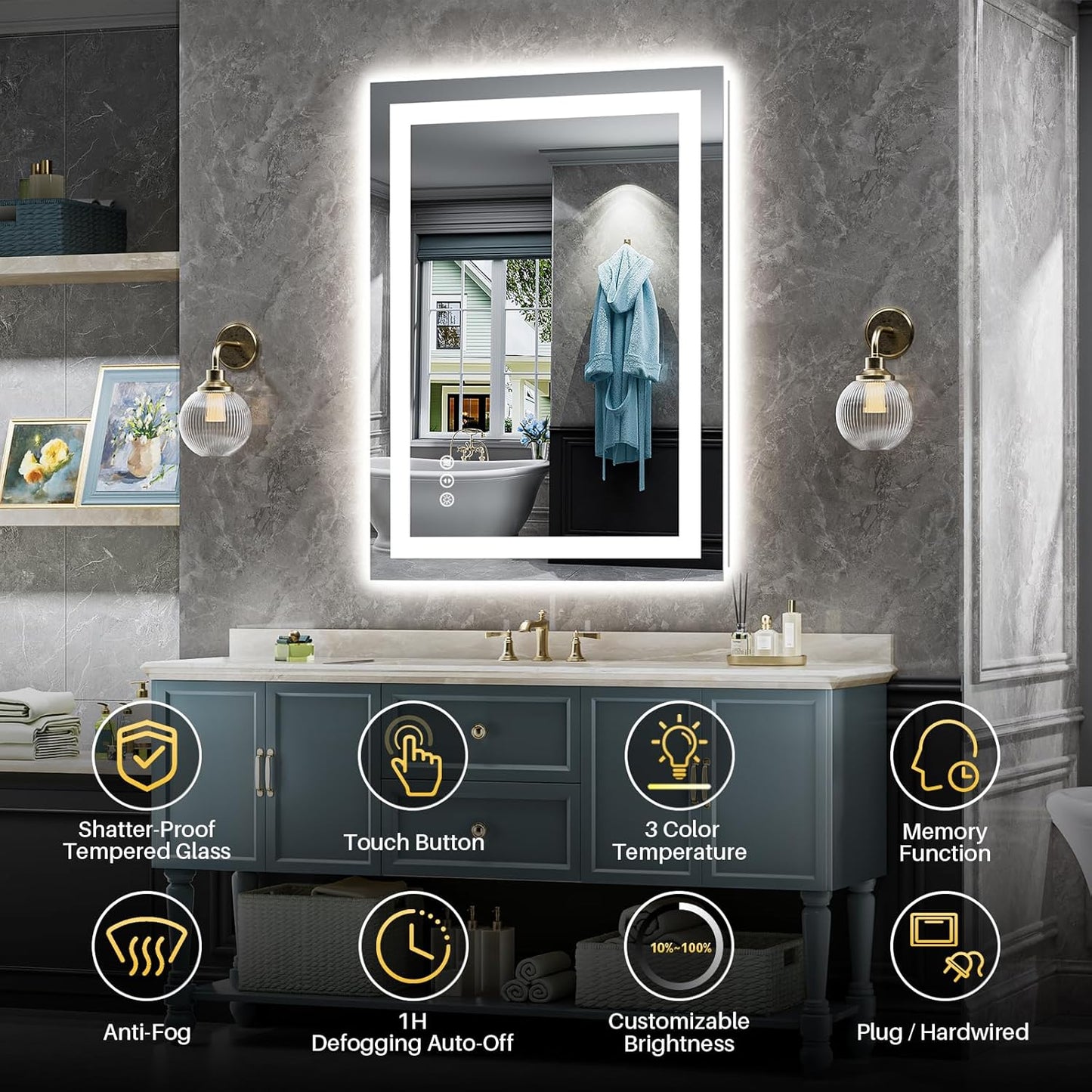 24x32 Inch LED Bathroom Mirror with Lights, Anti-Fog Lighted Bathroom Vanity Mirror for Wall