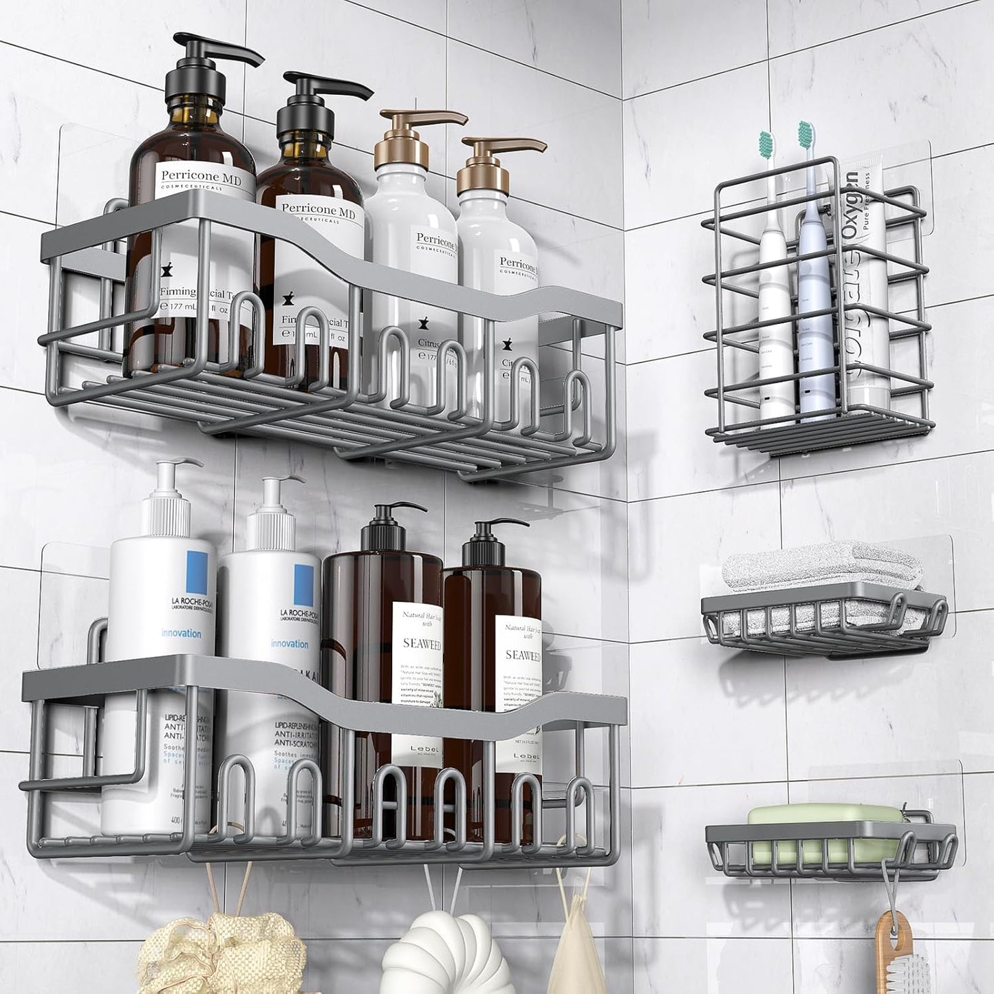 Adhesive Shower Caddy, 5 Pack Rustproof Stainless Steel Bath Organizers , No Drilling Shelves