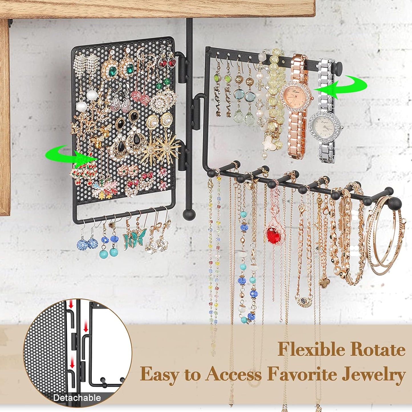 Hanging Jewelry Organizer Wall Mount with Rustic Wood Shelf, Ring Display Box, Rotating Necklace Holder Organizer