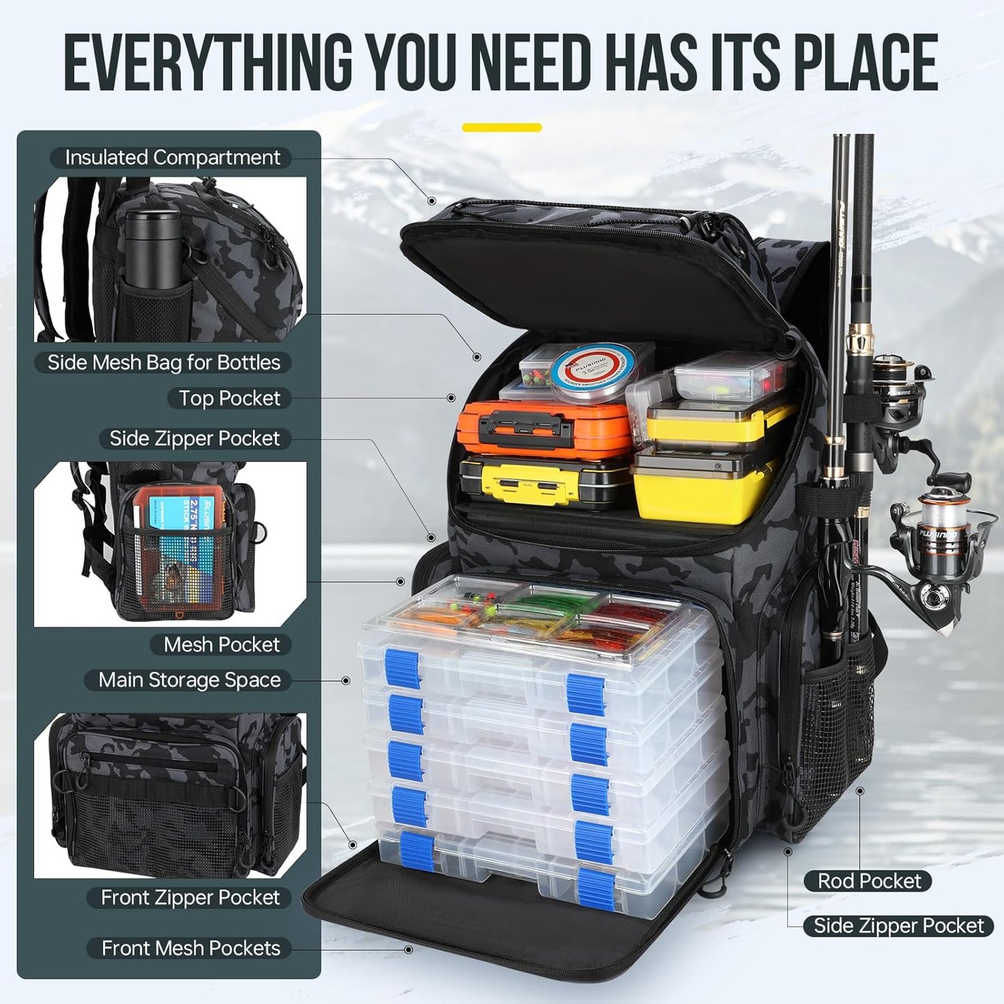 Cooler Fishing Backpack with Rod Holders 45L Large Water-resistant Fishing Tackle bag Store Fishing