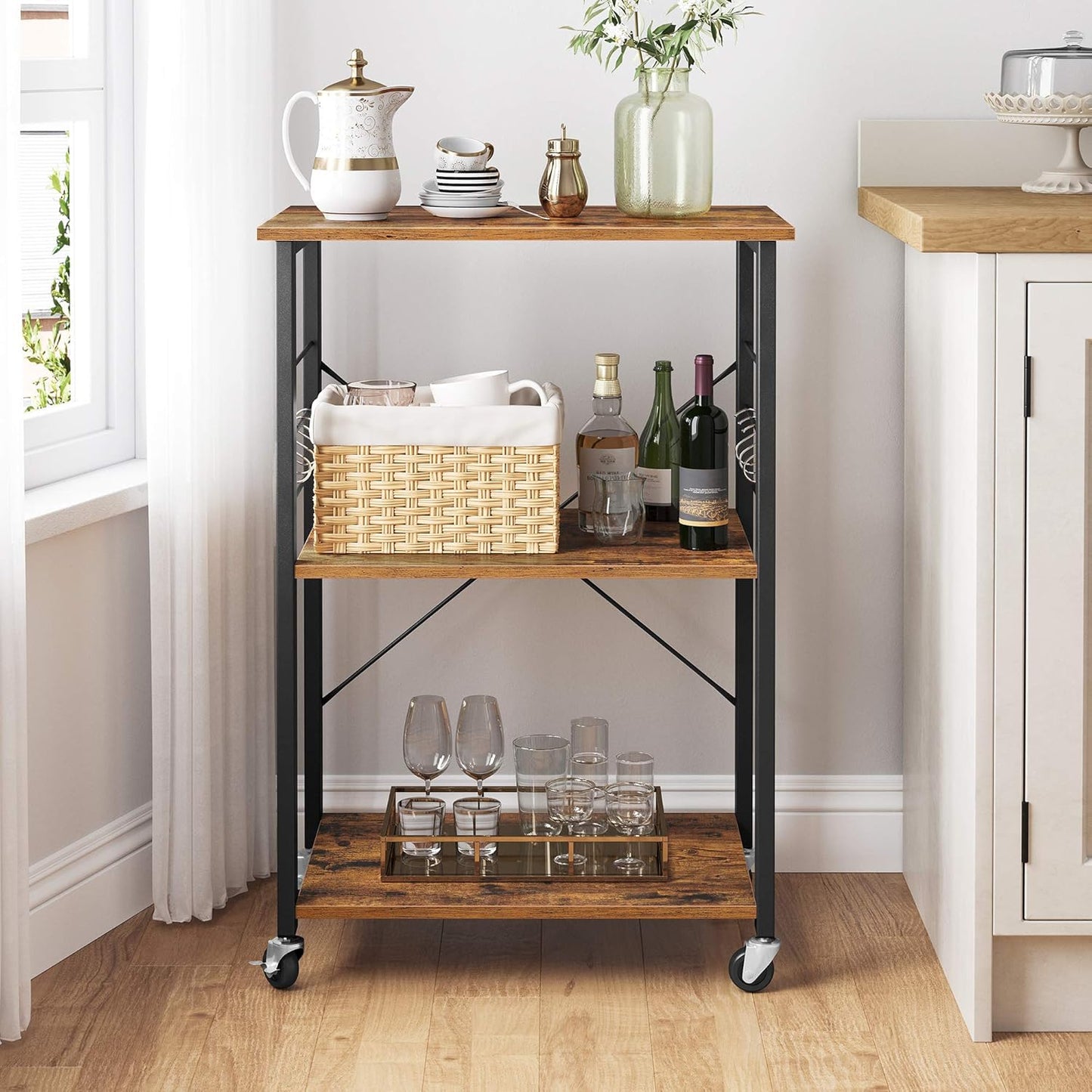 Kitchen Shelf on Wheels, Serving Cart with 3 Shelves,with 6 Hooks
