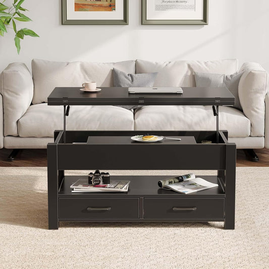 Coffee Table Lift Top, Multi-Function Convertible  with Drawers and Hidden Compartment, Converts to Dining Table