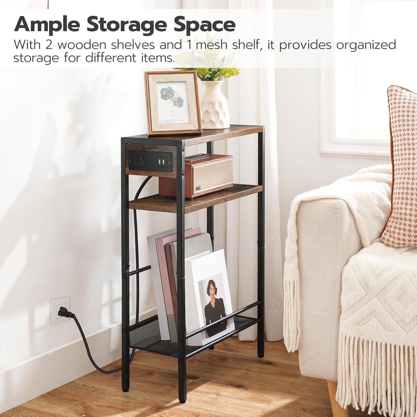 Small Narrow Side Table with Charging Station, Slim Nightstand with USB Ports Outlet