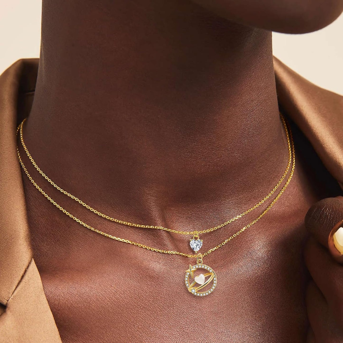 14K Gold & Platinum Plated Double Layer Pendant Necklace, Fashionable Layered Jewelry for Women