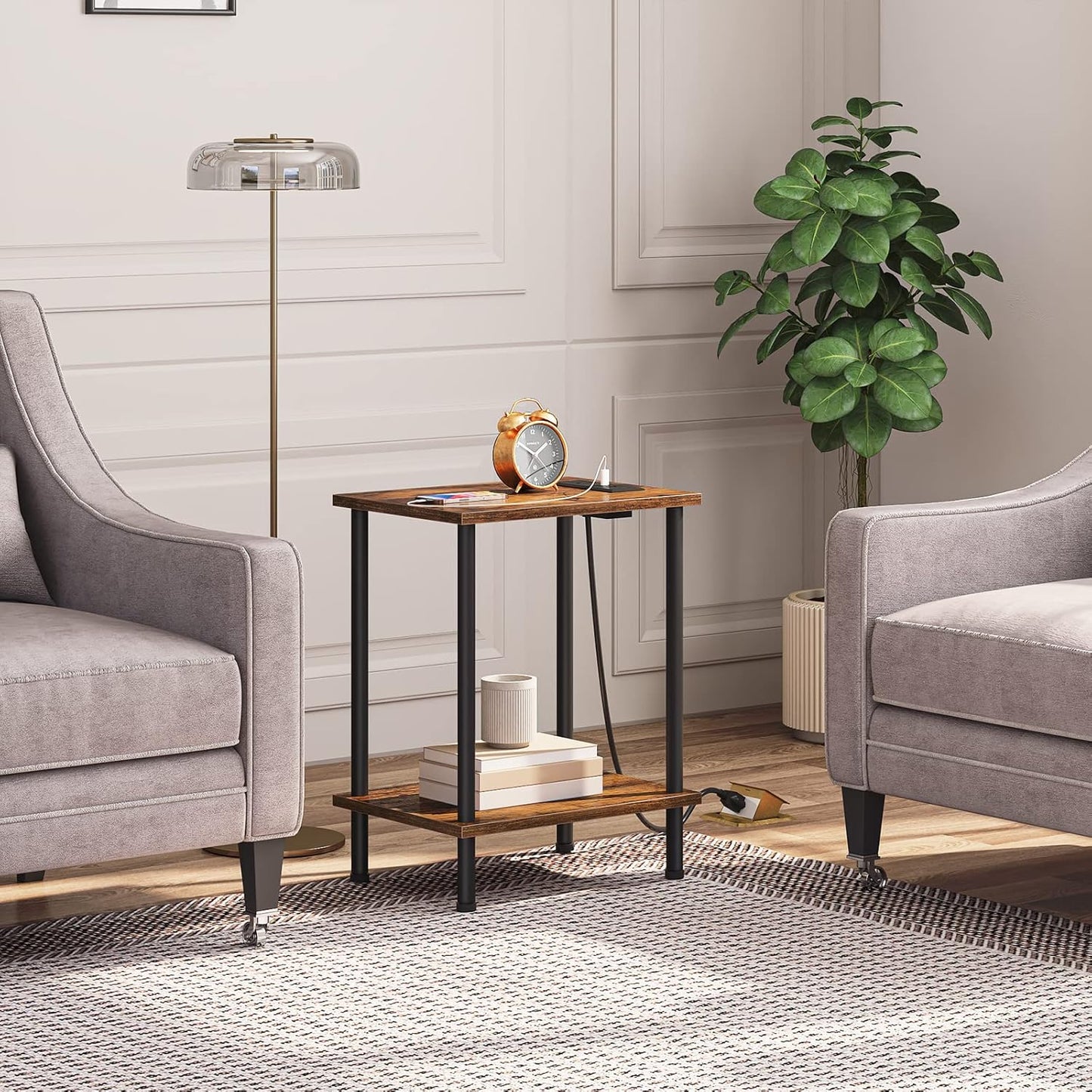 End Table with USB Port and Outlet, Nightstand with 2-Layer Storage Shelves