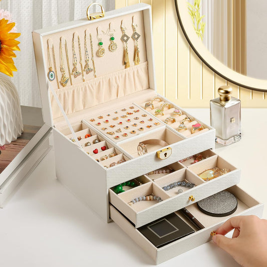 3 Layer Jewelry Box, Lockable Jewelry Holder Organizer with Jewelry Drawer