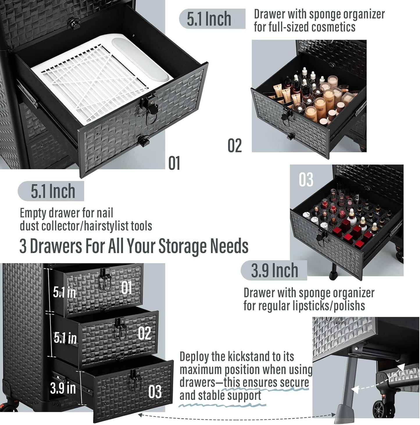 4 in 1 Professional Makeup  Case Aluminum Cosmetic Case Rolling Makeup Case