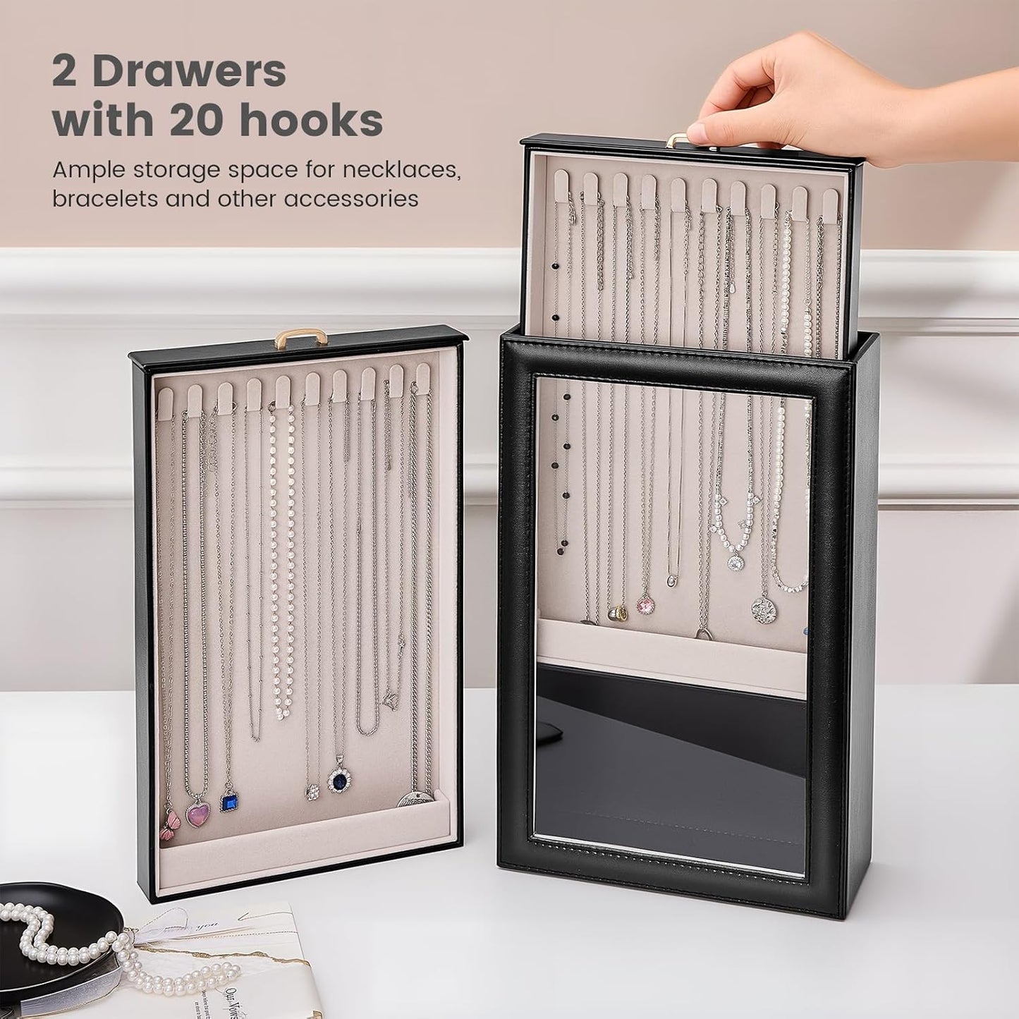 Necklace Organizer Box, 2-Layer Jewelry Storage Boxes with Clear Lid, Tangle-Necklace Display Case