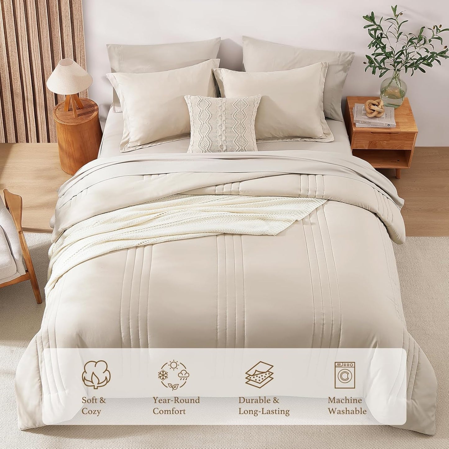 Queen Comforter Set - 7 count Beige Bed in a Bag Queen Bedding Sets , All Seasons
