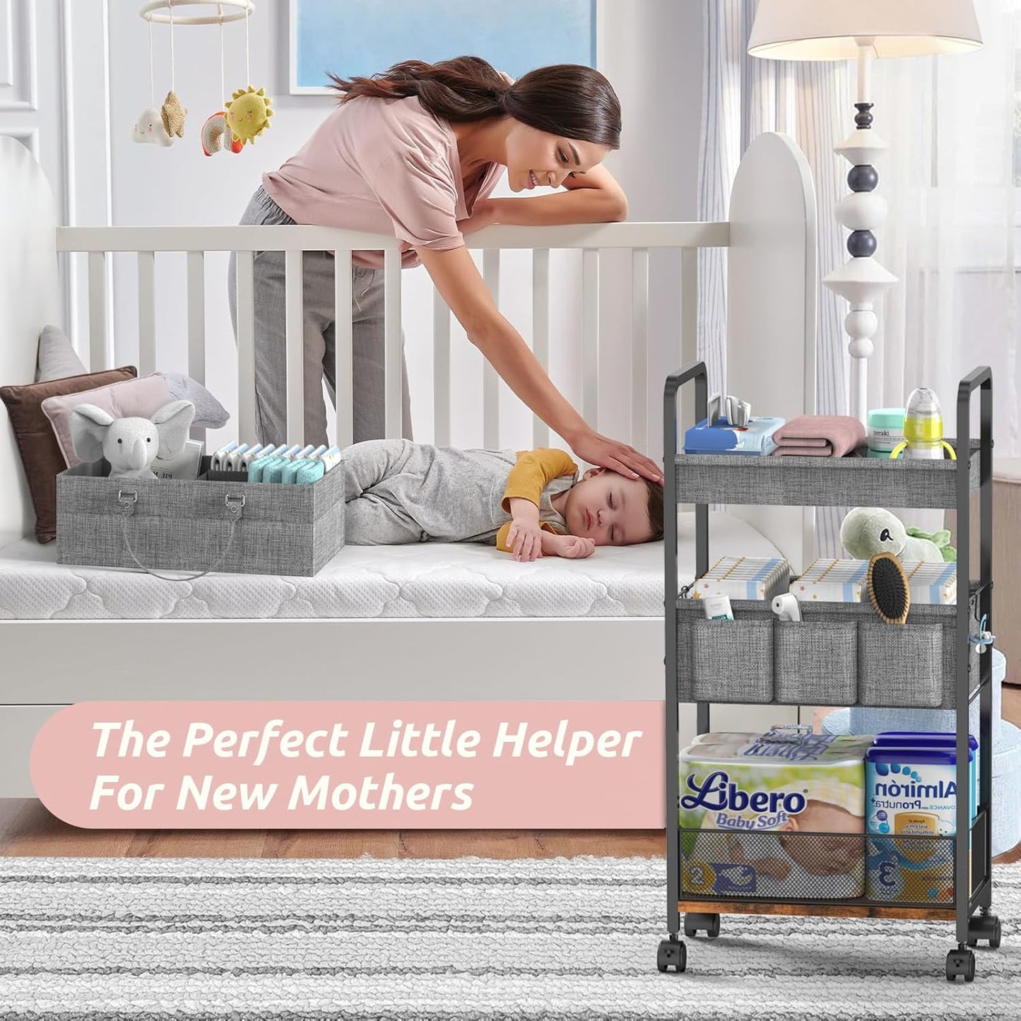 2In1  Diaper Caddy & 3-Tier Rolling Diaper Cart, Diaper Caddy Organizer Cart with Dividers,Utility Cart