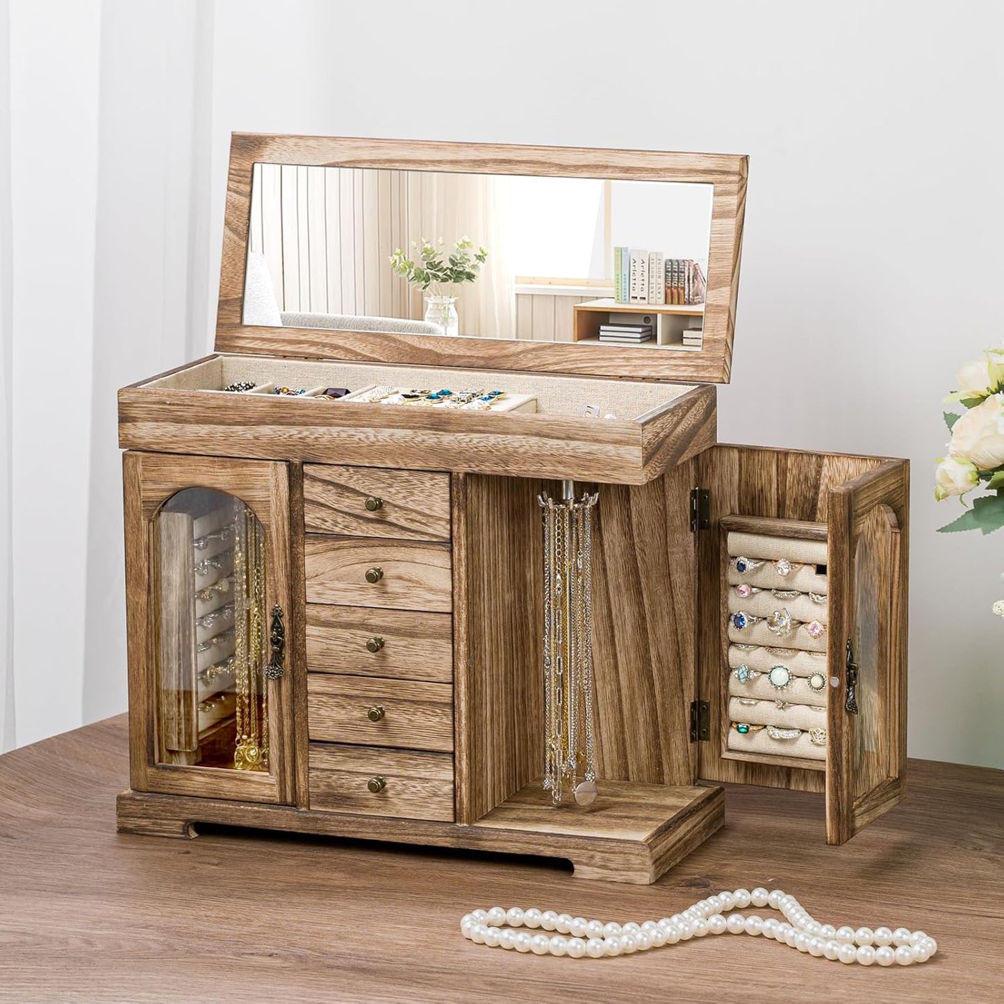 5 Layer Jewelry Storage Case Display, Rustic Wooden Jewelry Organizer Box with Mirror