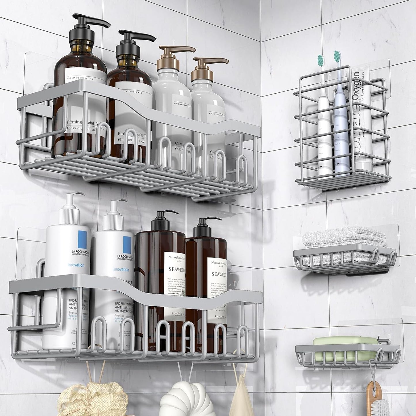 5-Pack Rustproof Stainless Steel Shower Caddy Set– No Drill  Bathroom Organizer