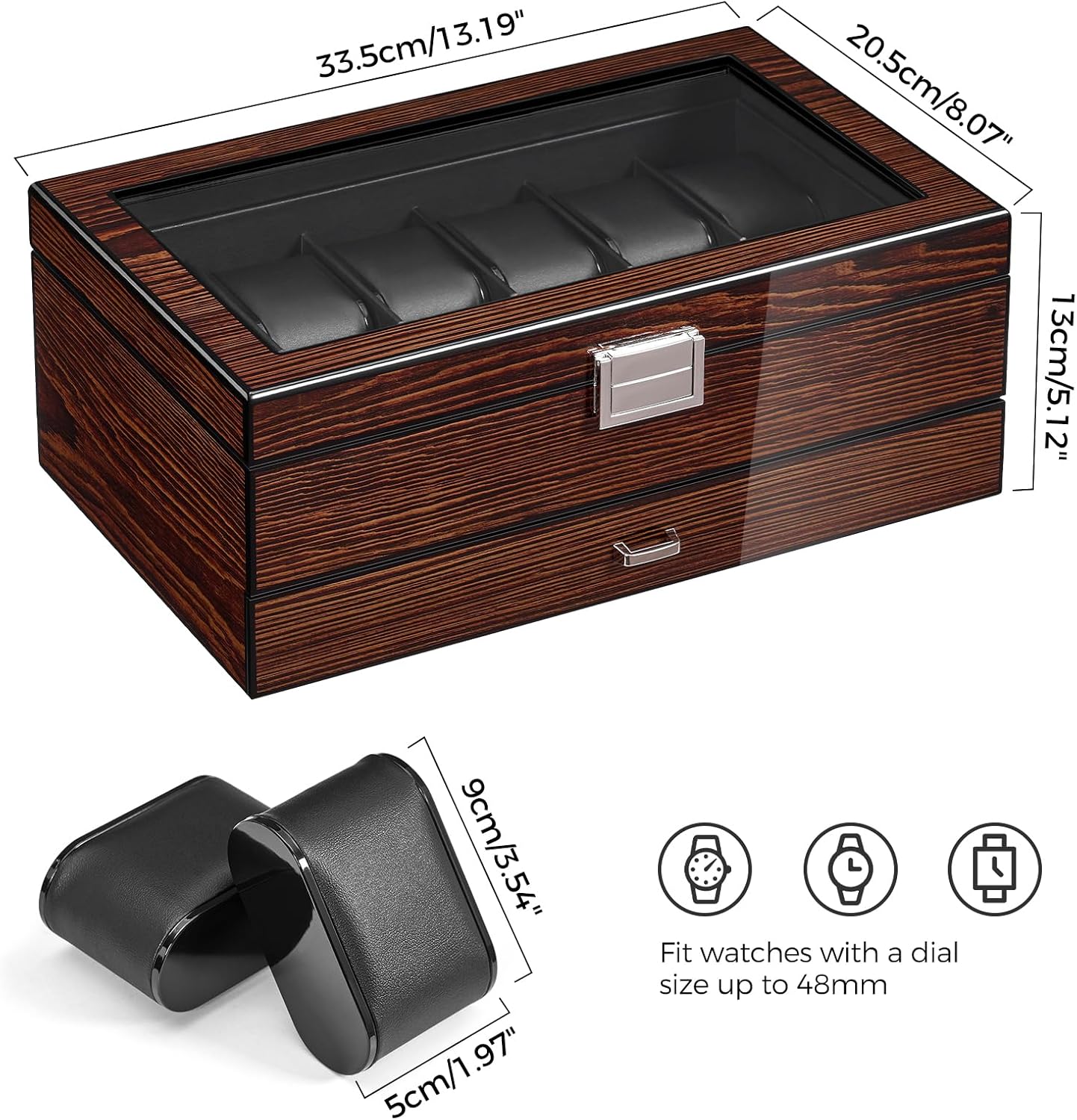 12 Slot Wooden Watch Box with Large Glass Lid, 2-Layer Watch Display Case with Drawer Watch Storage