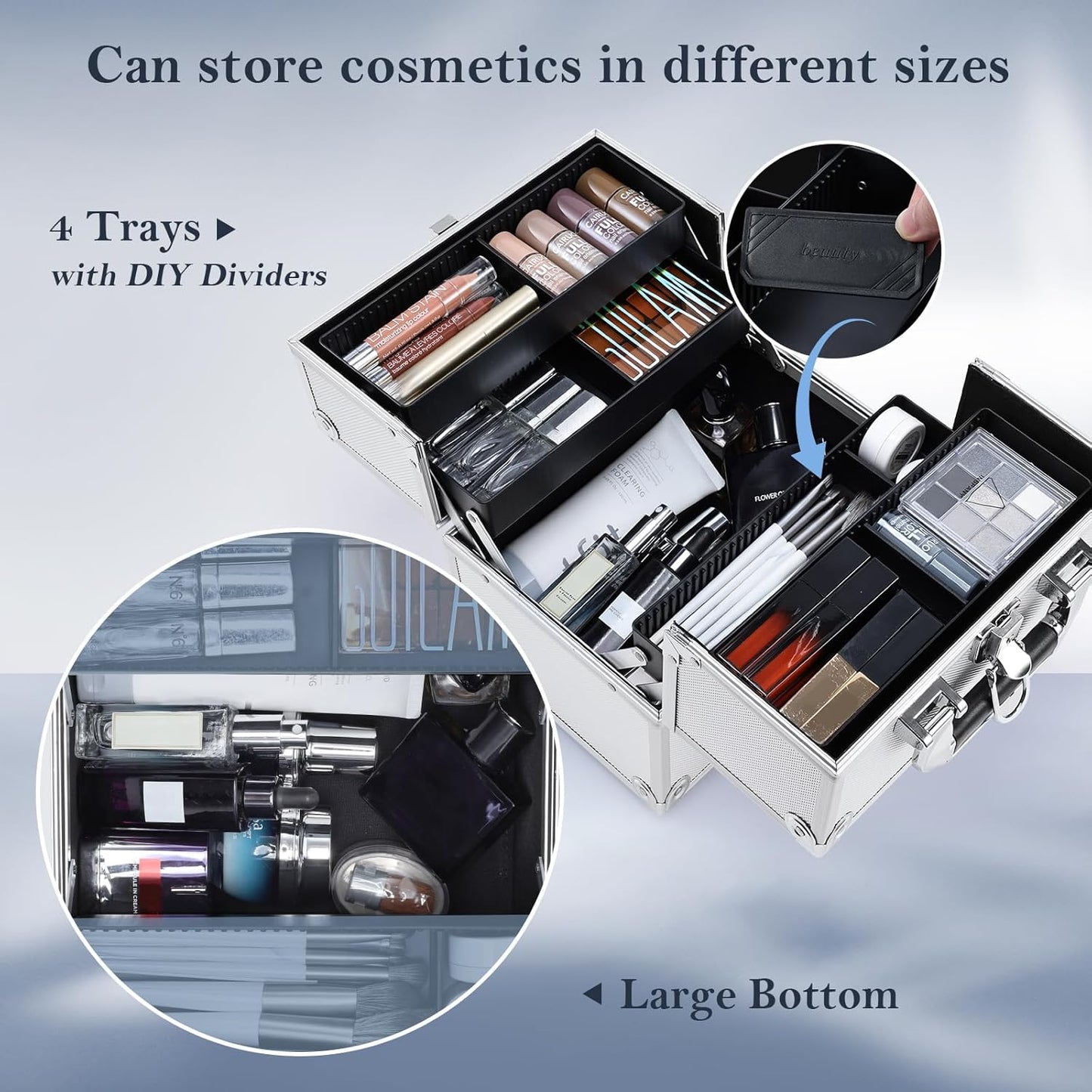 Makeup Organizer Box Portable Cosmetic Travel Case with Lock 4 Trays Aluminum Hard Vanity Box