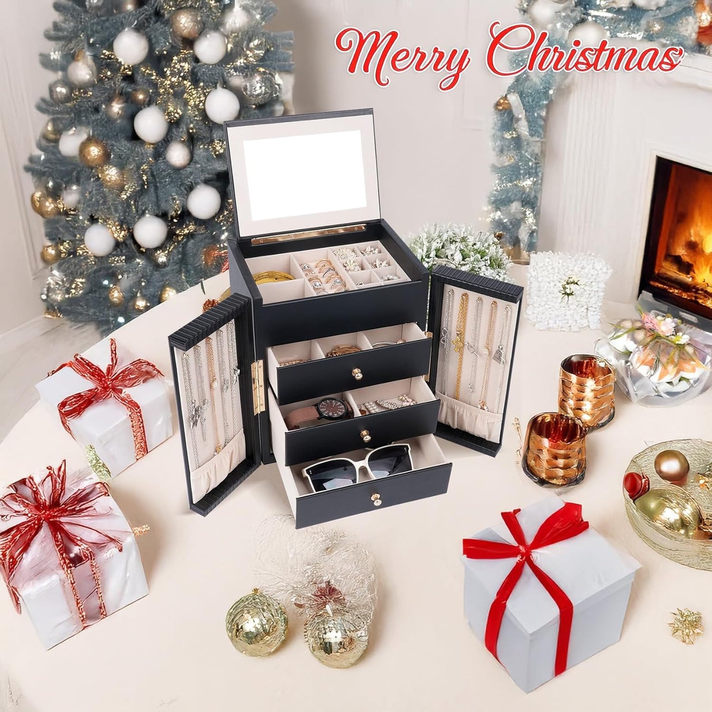 Large Jewelry Box for Women, Jewelry Organizer Box with 3 Drawers, Jewelry Storage Organizer with Mirror