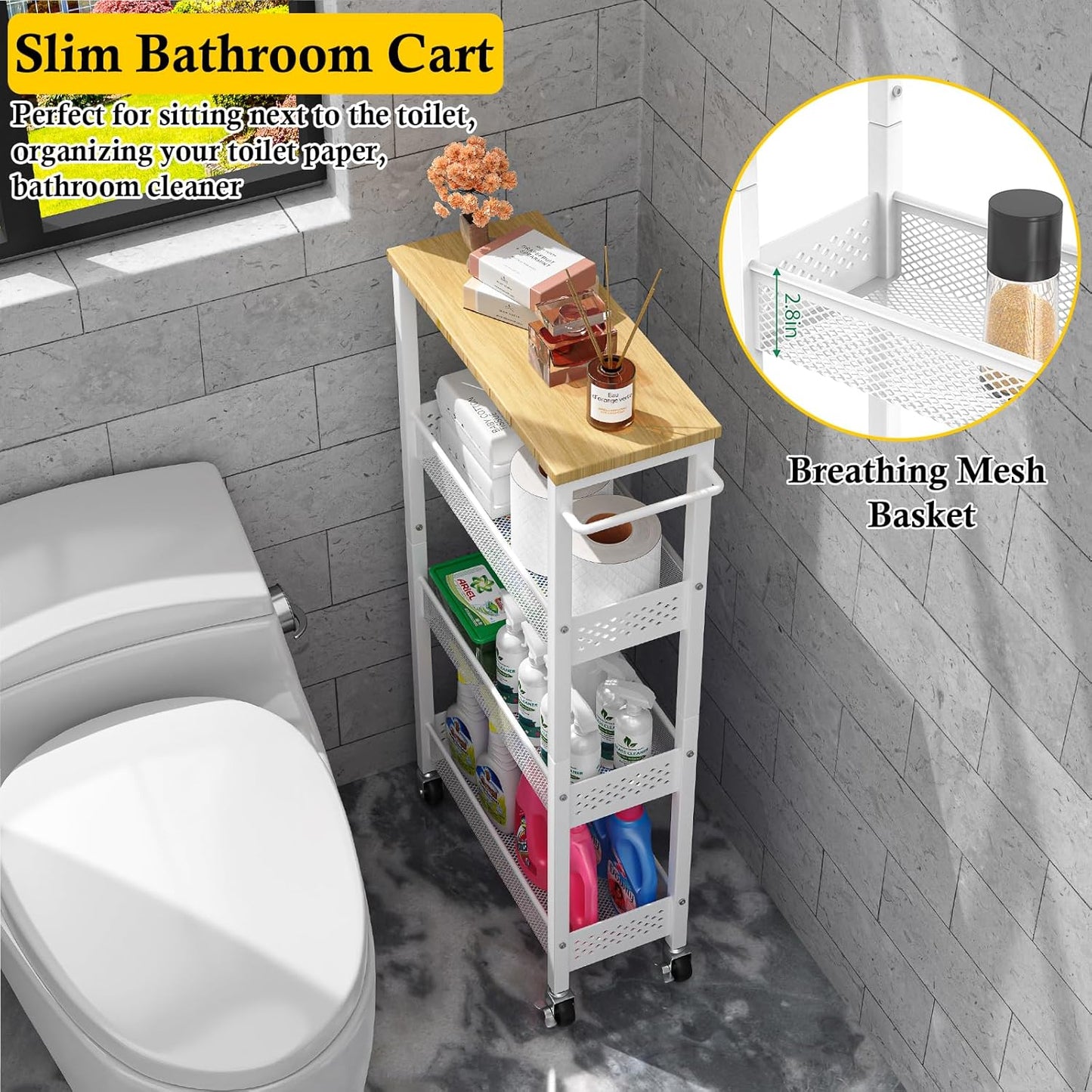 Utility Slim Storage Cart, 4 Tier Small Rolling  Cart with Wood Top, Metal Narrow Bathroom