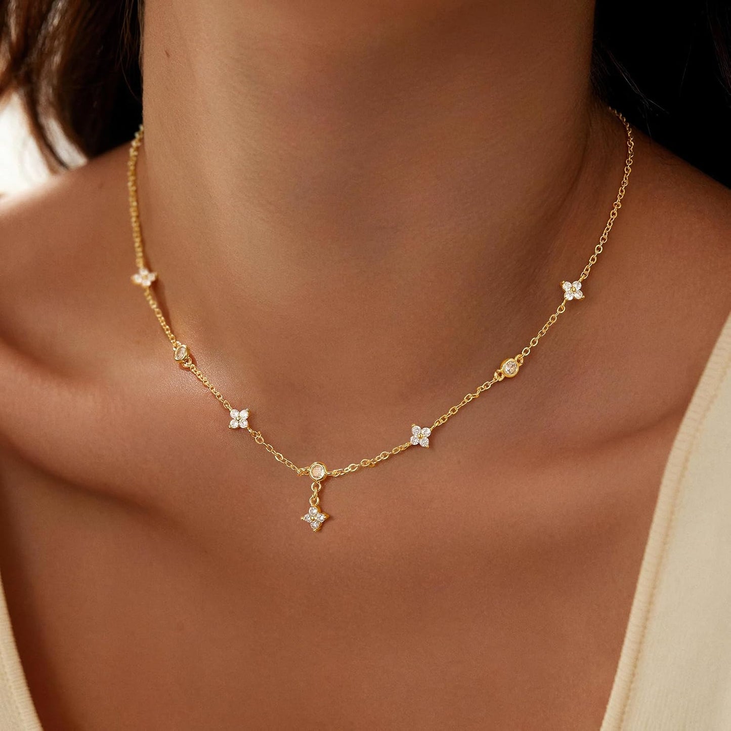 Women's Charm Cluster Choker Necklace - Clover, Heart, Pearl, Butterfly & Star Flower 14K Gold Plated, Cubic Zirconia, Adjustable Trendy Gift