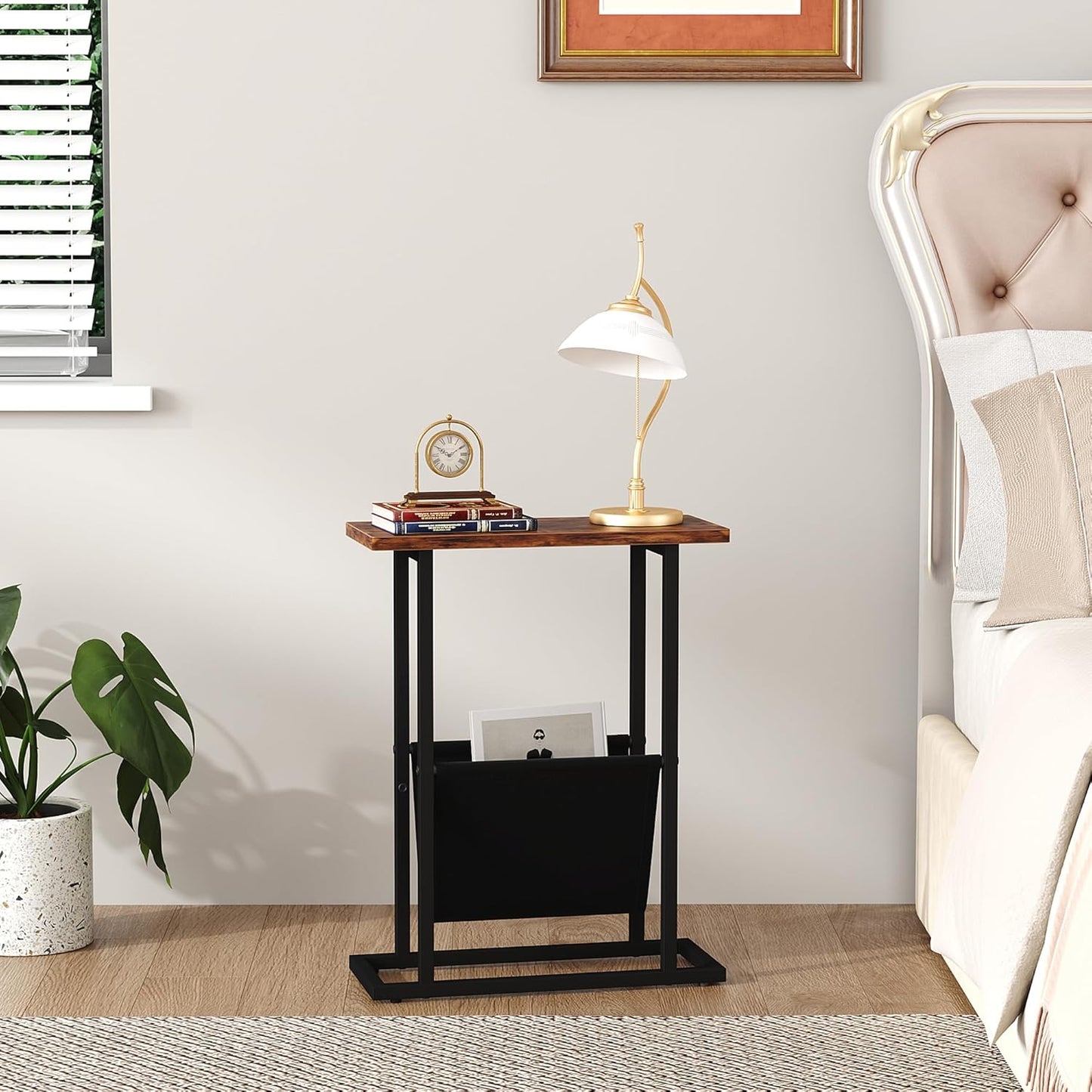 Narrow Side Table for Small Spaces, Small End Table with Magazine Holder, Skinny Slim