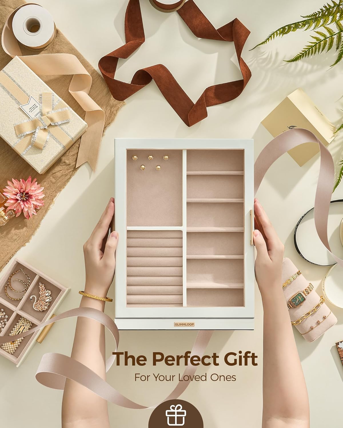 360° Rotating Jewelry Box with 7 Drawers, Spacious Vertical Jewelry Organizer with Glass Window
