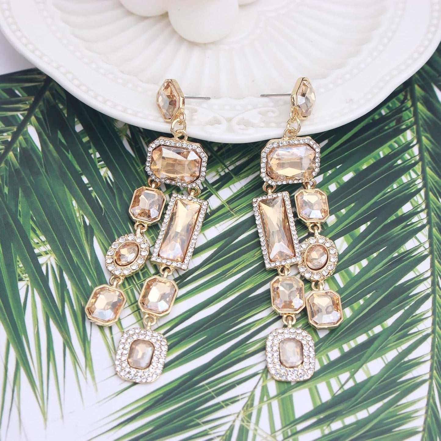 Vintage Rectangle Teardrop Chandelier Earrings, Art Deco Wedding Austrian Crystal Drop Dangle Earrings for Women Party Prom