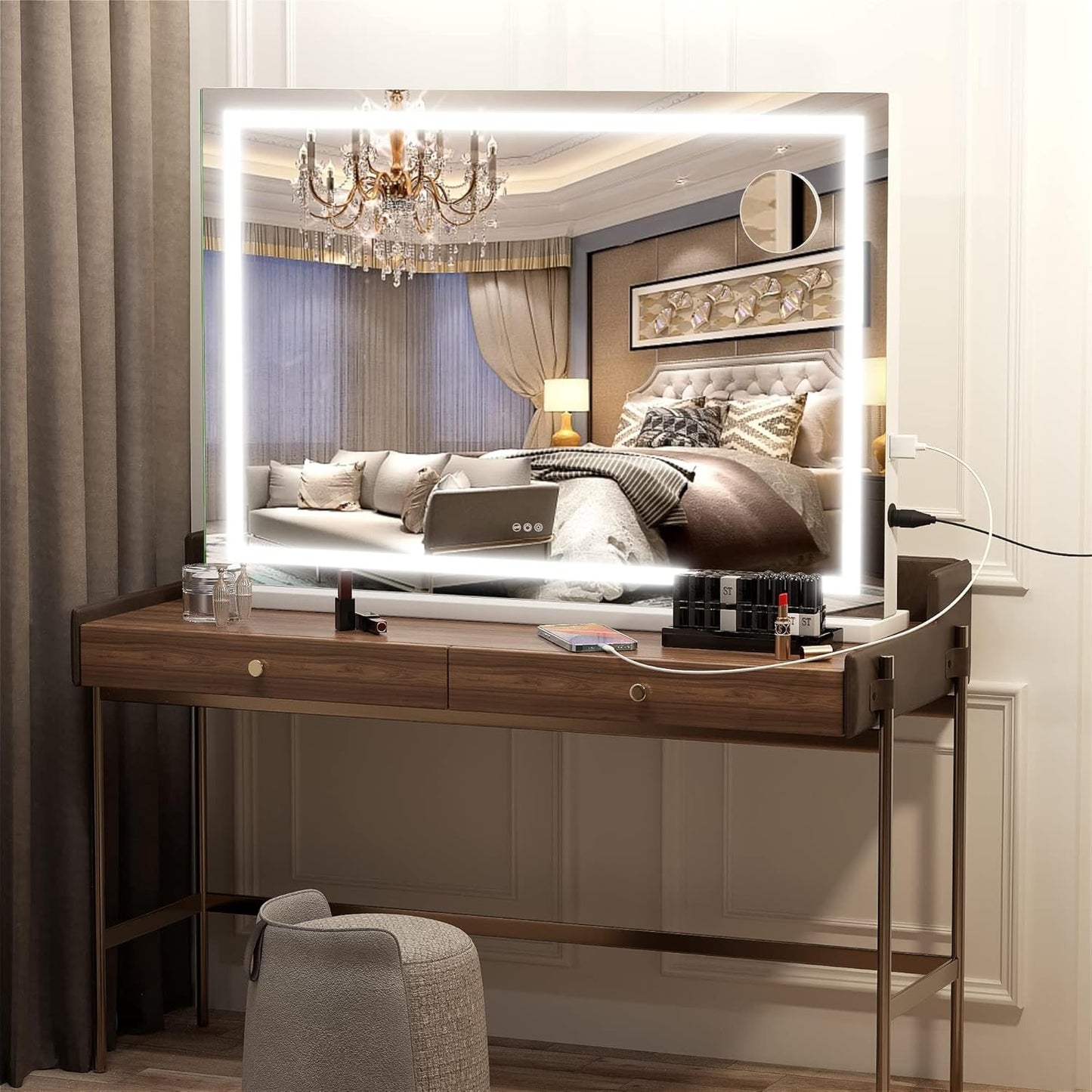 23" x 18" LED Makeup Mirror, Lighted Makeup Mirror with Dimmable 3 Modes, Square White