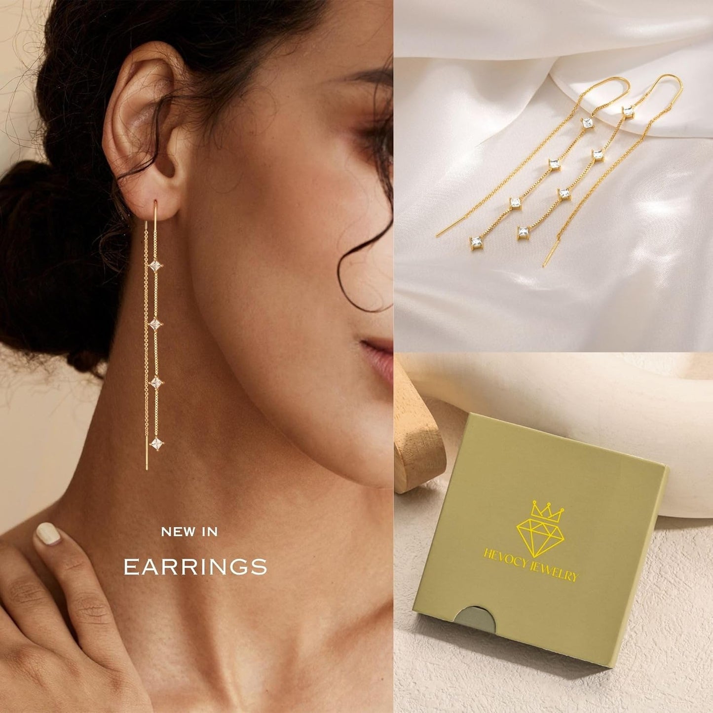 Dangle Threader Earrings for Women: Dainty 14k Gold Plated Drop Long Chain Earrings Trendy  Non Tarnish Elegant Cubic