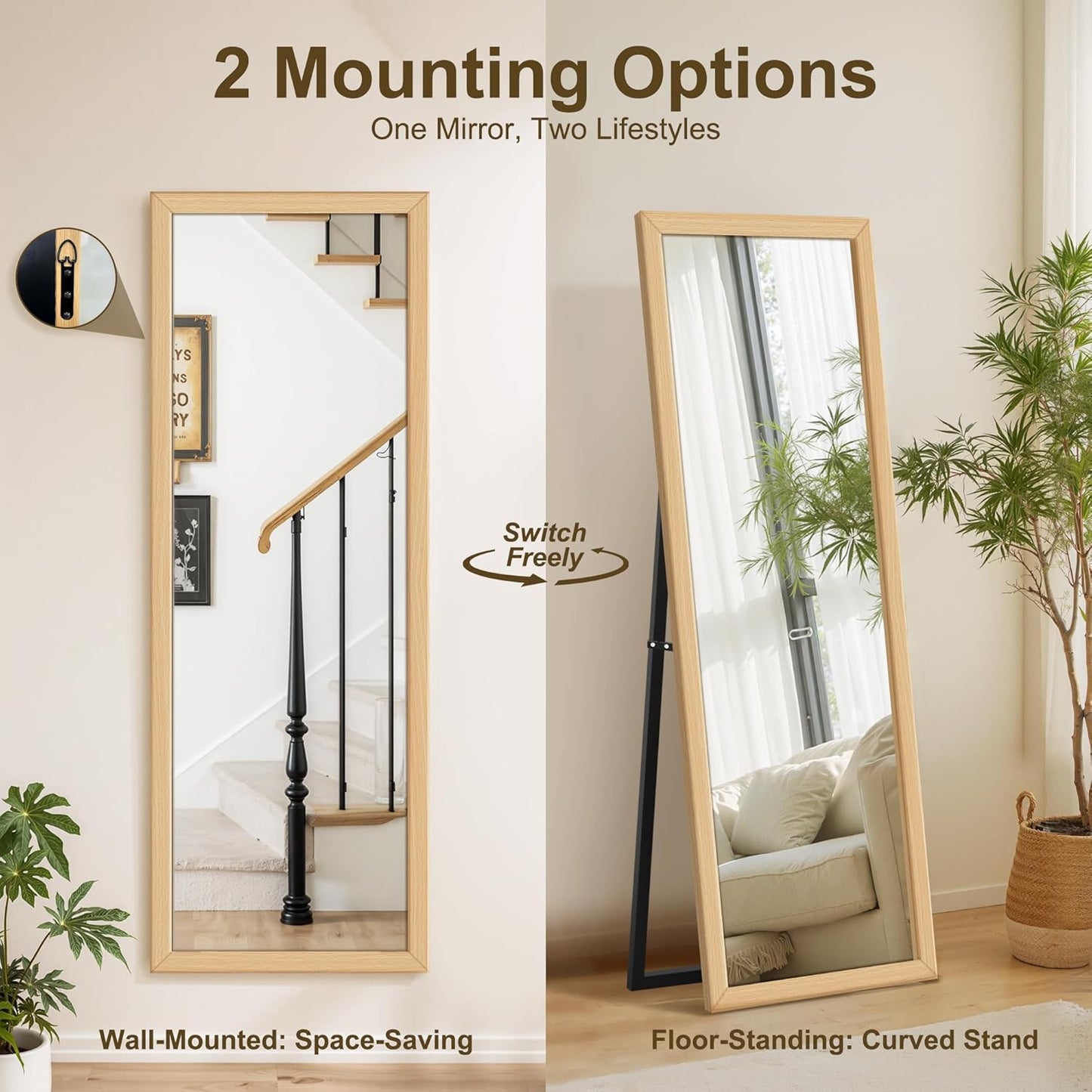 Wall Full Length Mirror, Standing Mirror Full Body, with Wooden Frame(with Stand,56x20)