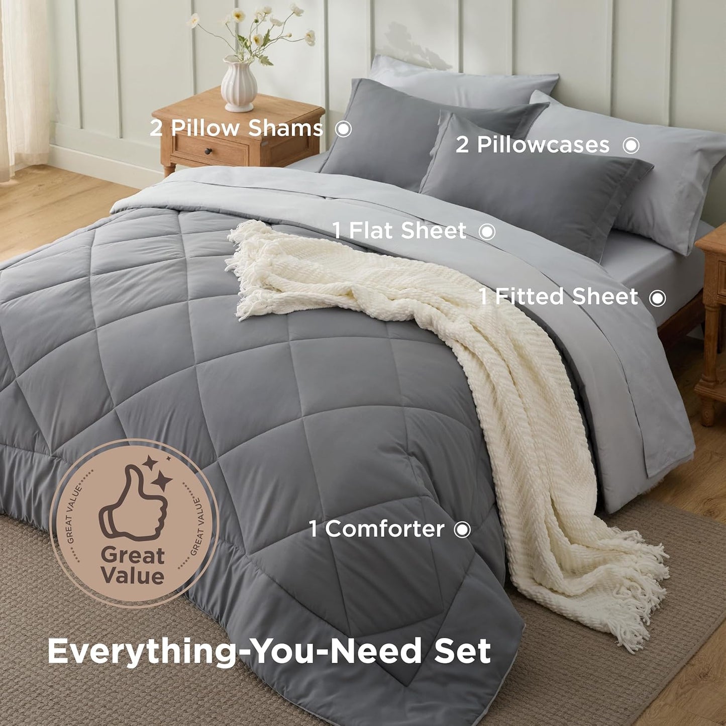 Queen Comforter Set - 7 count Reversible Grey Bedding, Queen Size Bed Set for All Seasonsz