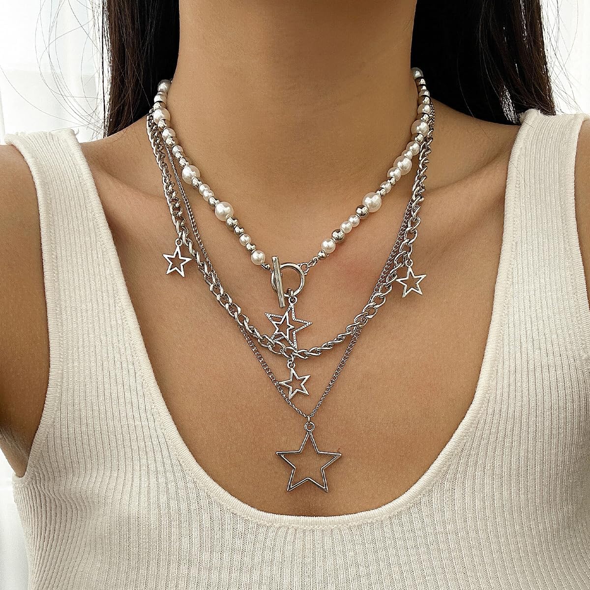 Y2K Star Pendant Necklace - Silver Layering Toggle Chain for Women