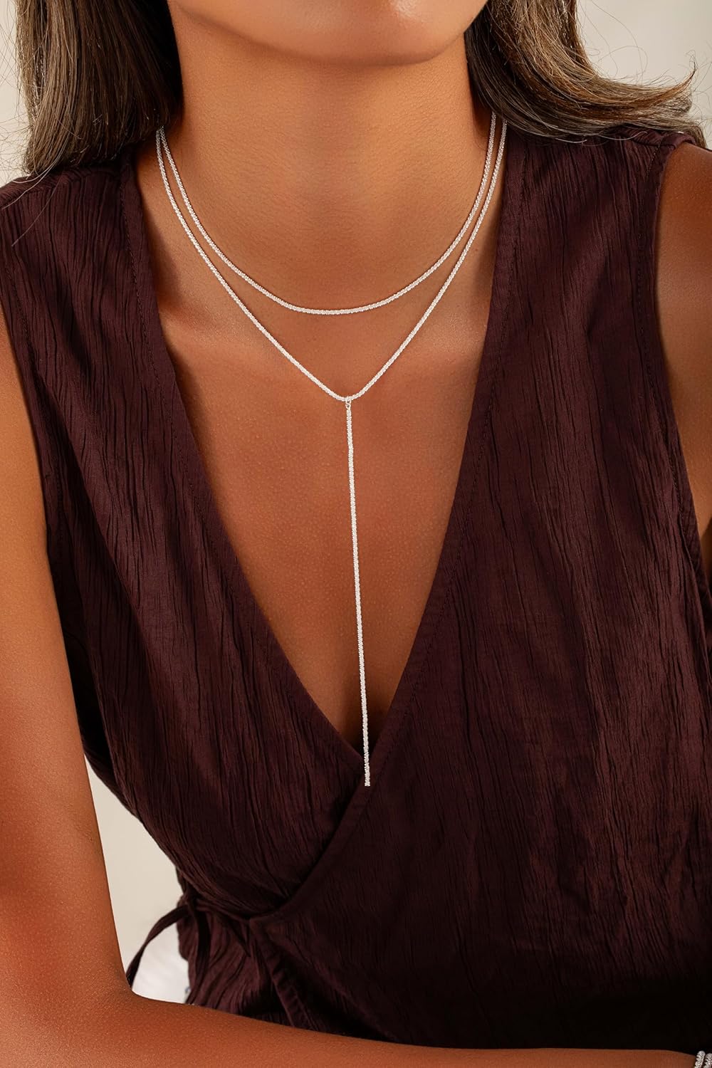 Two-Tone Gold & Silver Y Necklace, Layered Dangle Statement Body Chain For Women, Beach Boho Cleavage Jewelry For Vacation Or Prom