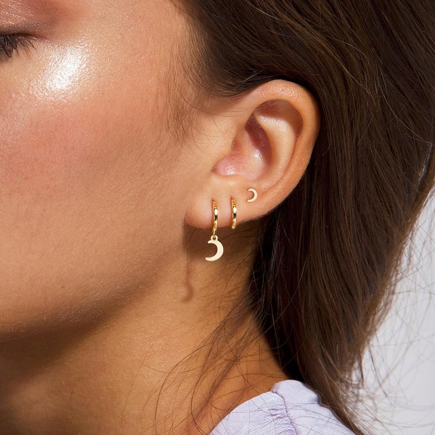 3 Pairs Small Gold Hoop Earring, 14K Gold Plated Earring Stacks Butterfly Heart Star Moon Bow Four Leaf Rhombus Round CZ Pearl