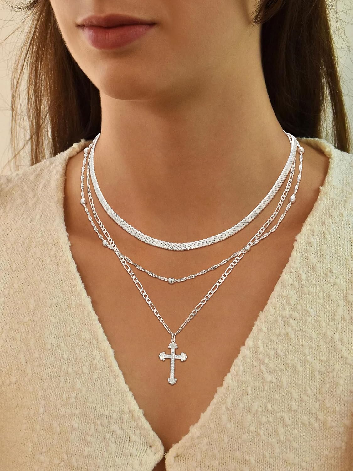 Women's Necklace - 14K Gold/Silver Plated Layered Chain With Cross, Coin & Pearl Pendants - Stackable Trendy Jewelry Gift For Her