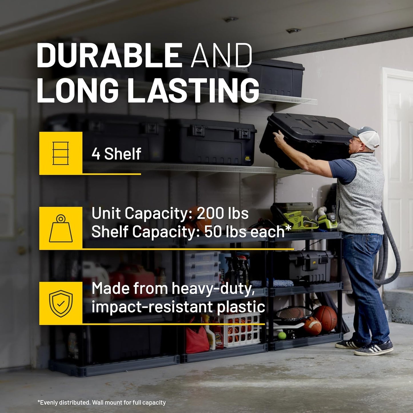 4-Shelf Plastic Storage Shelves, 48” x 23” x 14”,   Easy to Assemble, Durable Plastic Shelving Unit