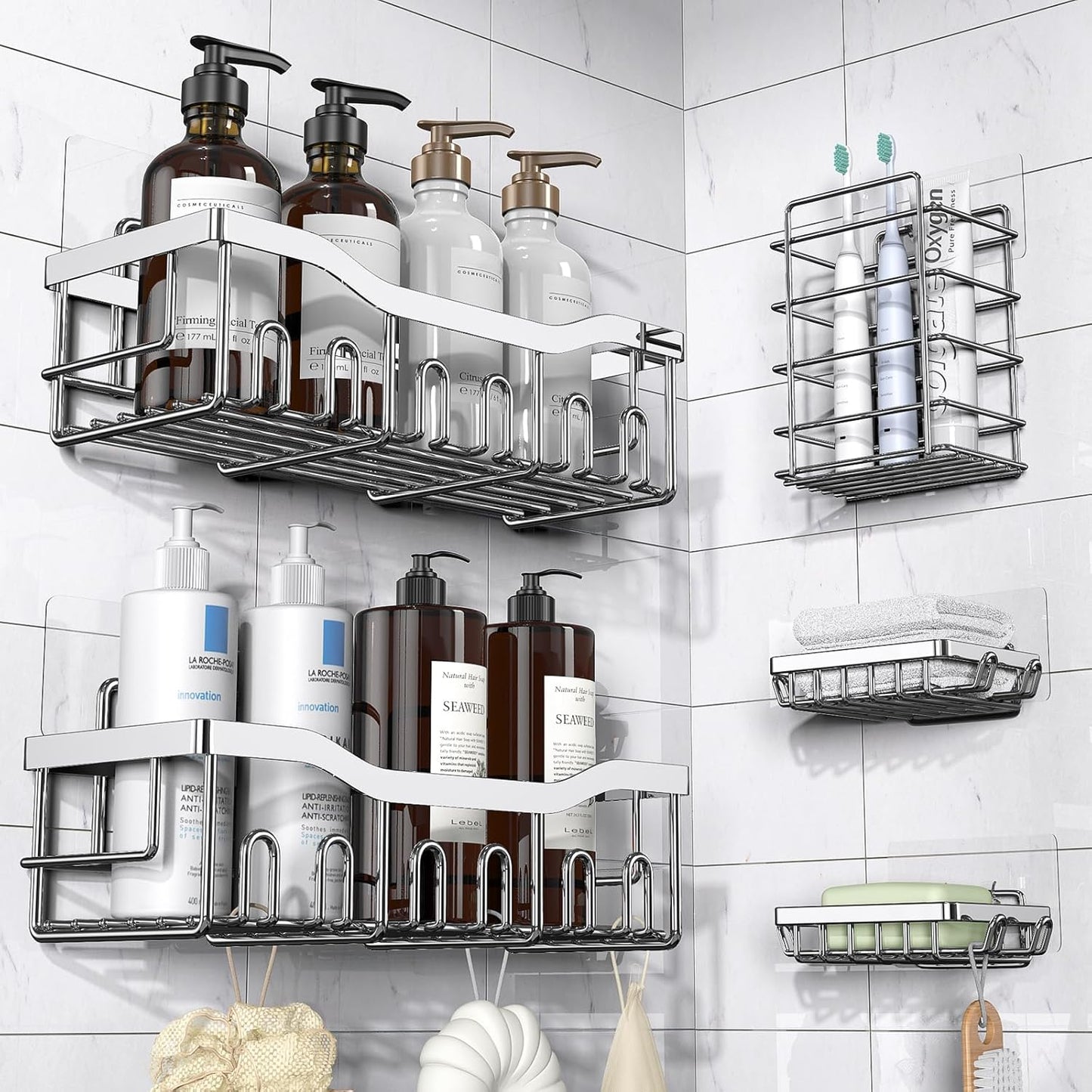 Adhesive Shower Caddy, 5 Pack Rustproof Stainless Steel Bath Organizers , No Drilling Shelves