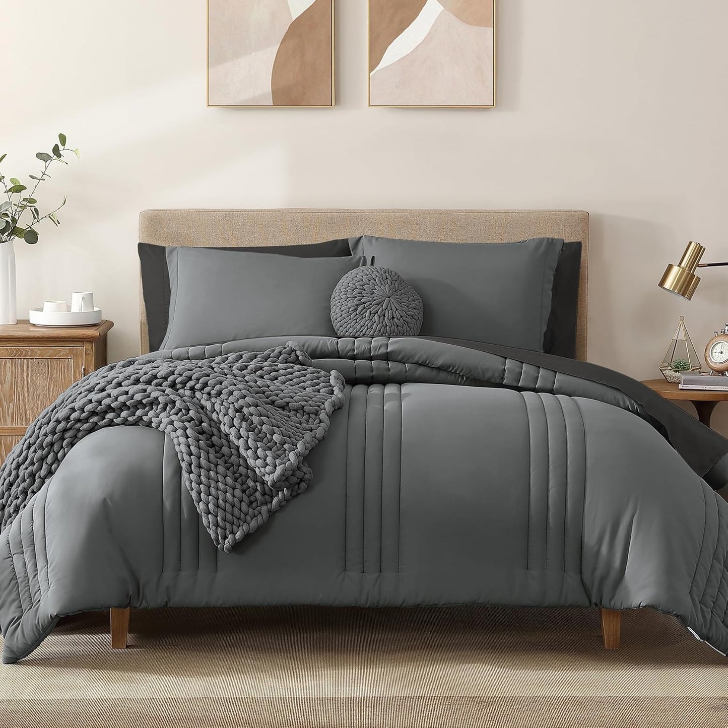 Queen Comforter Set - 7 count Beige Bed in a Bag Queen Bedding Sets , All Seasons