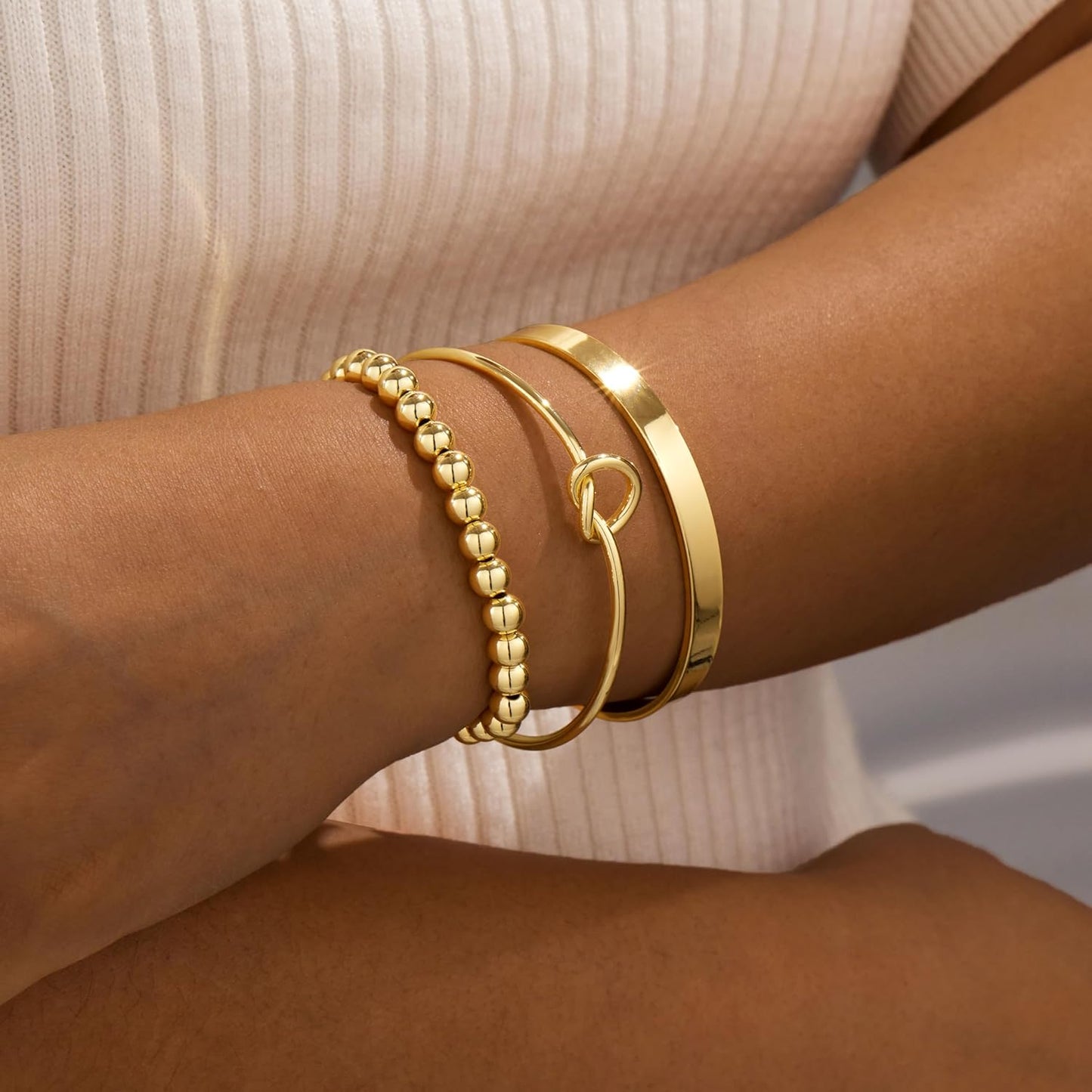 Gold Bracelets for Women Non Tarnish Dainty 14K Real Gold Plated Bangle Cuff Bracelets Stack for Women