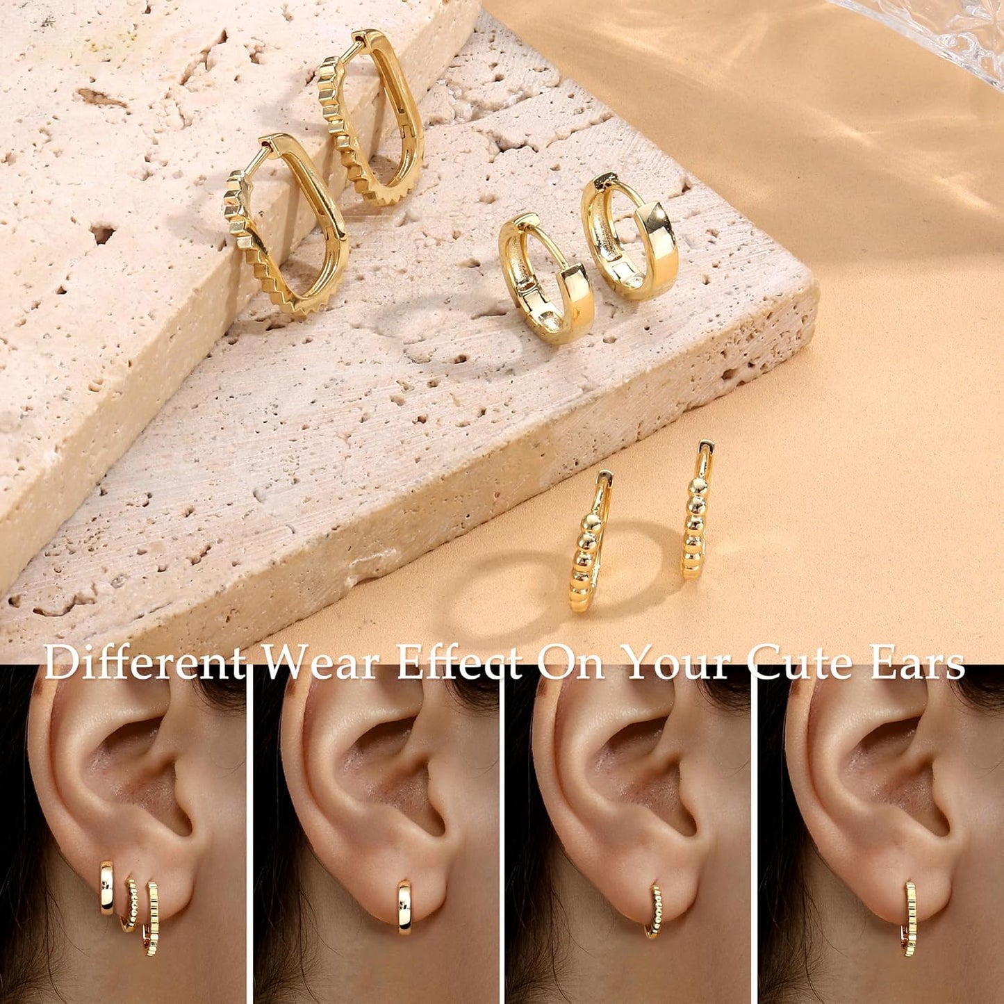 3Pairs 925 Sterling Silver, 14K Gold Plated Small Huggie Hoop Earrings Sets for Multiple Piercing CZ Cartilage Earrings Stacks
