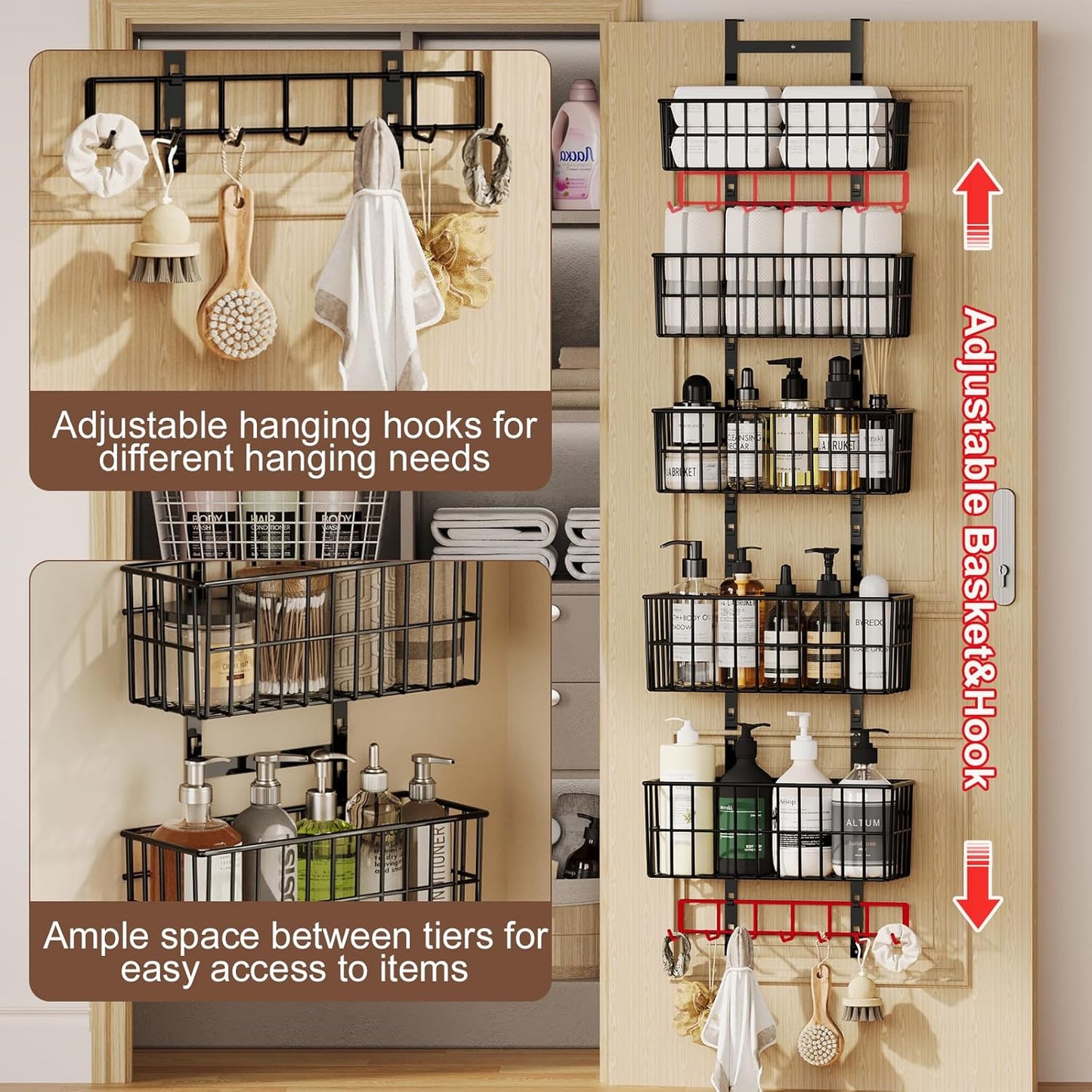 Adjustable Over The Door Organizer, Metal Hanging Door Organizer with 5 Wire Basket 7 Hooks