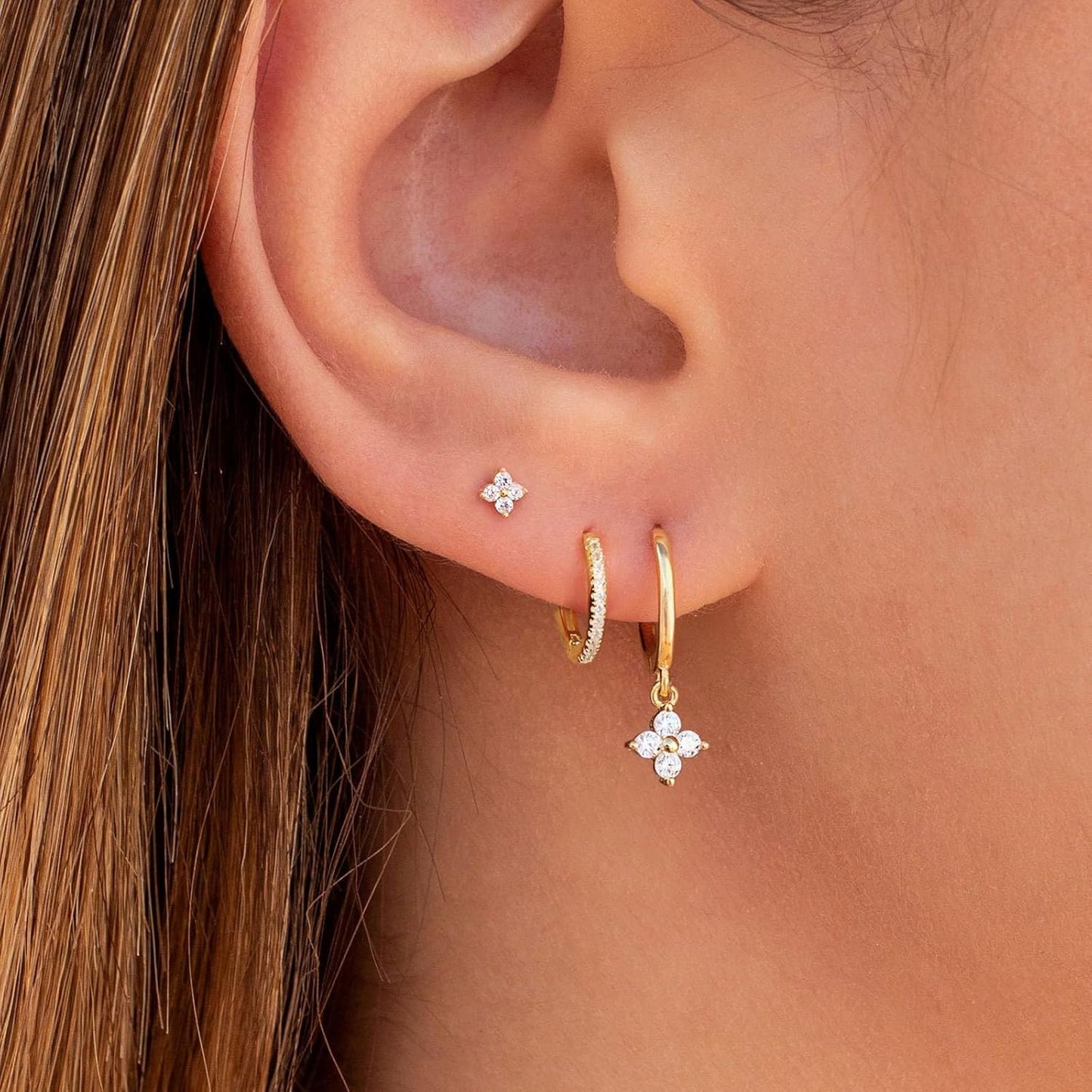 3 Pairs Small Gold Hoop Earring, 14K Gold Plated Earring Stacks Butterfly Heart Star Moon Bow Four Leaf Rhombus Round CZ Pearl