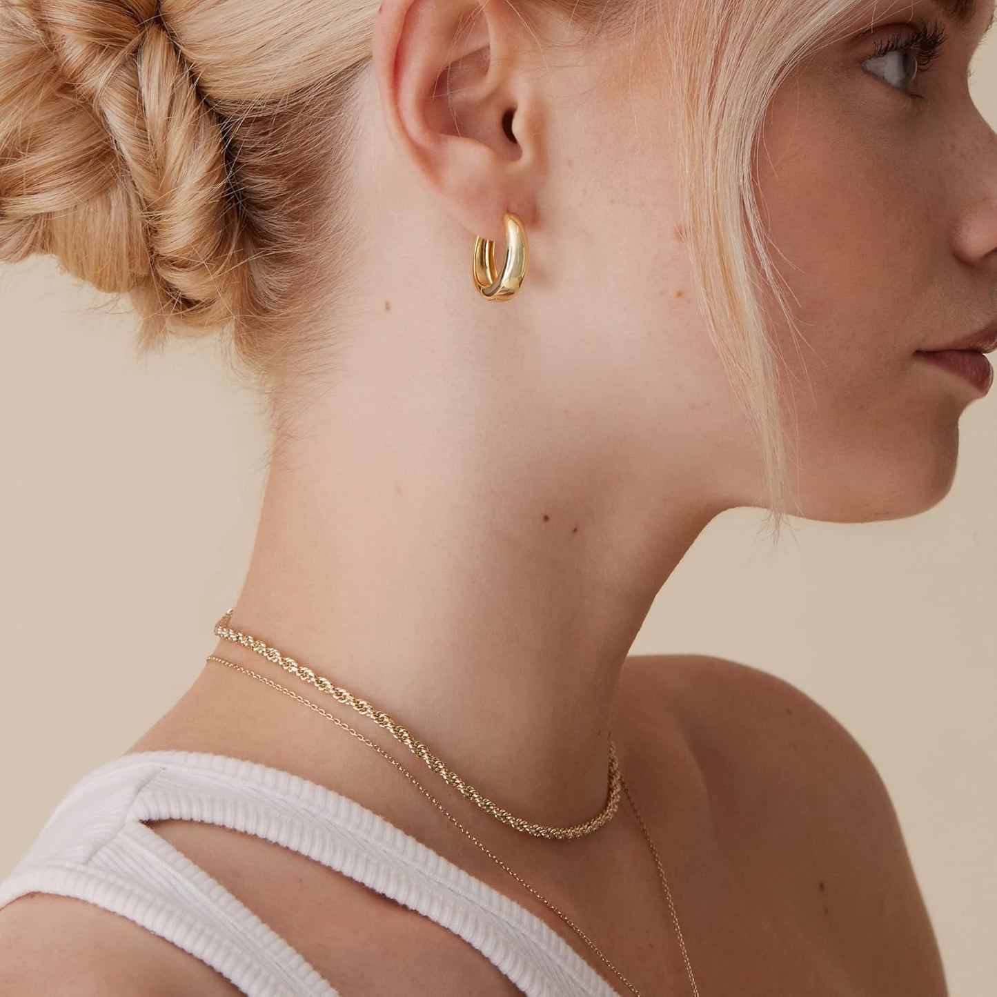 14K Gold Plated Sterling Silver Post Small Chunky Hoops Earrings | Thick Lightweight Gold Hoop Earrings for Women