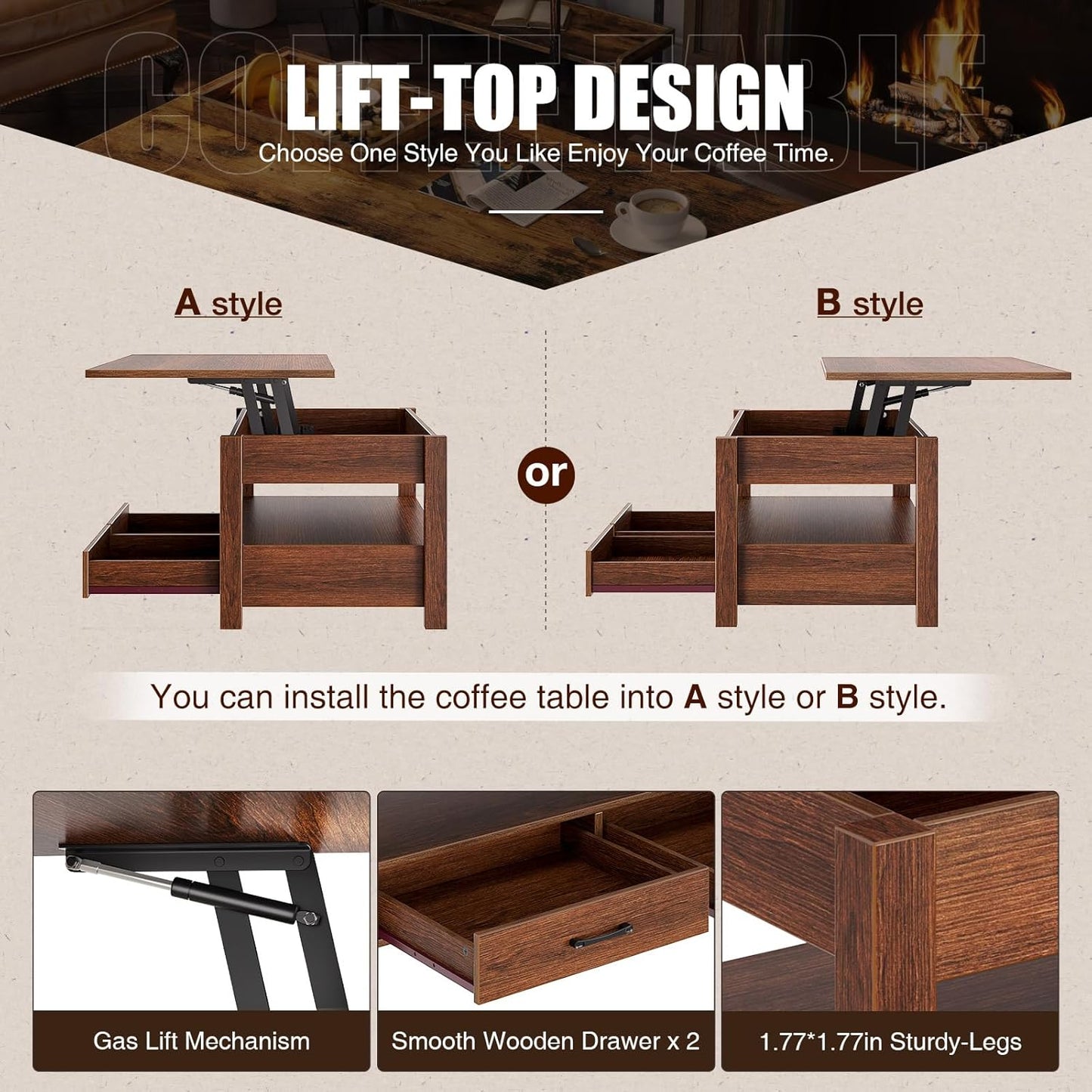 Living Lift Top Coffee Table with Drawers and Hidden Compartment, Retro Central Table with Wooden Lift Tabletop