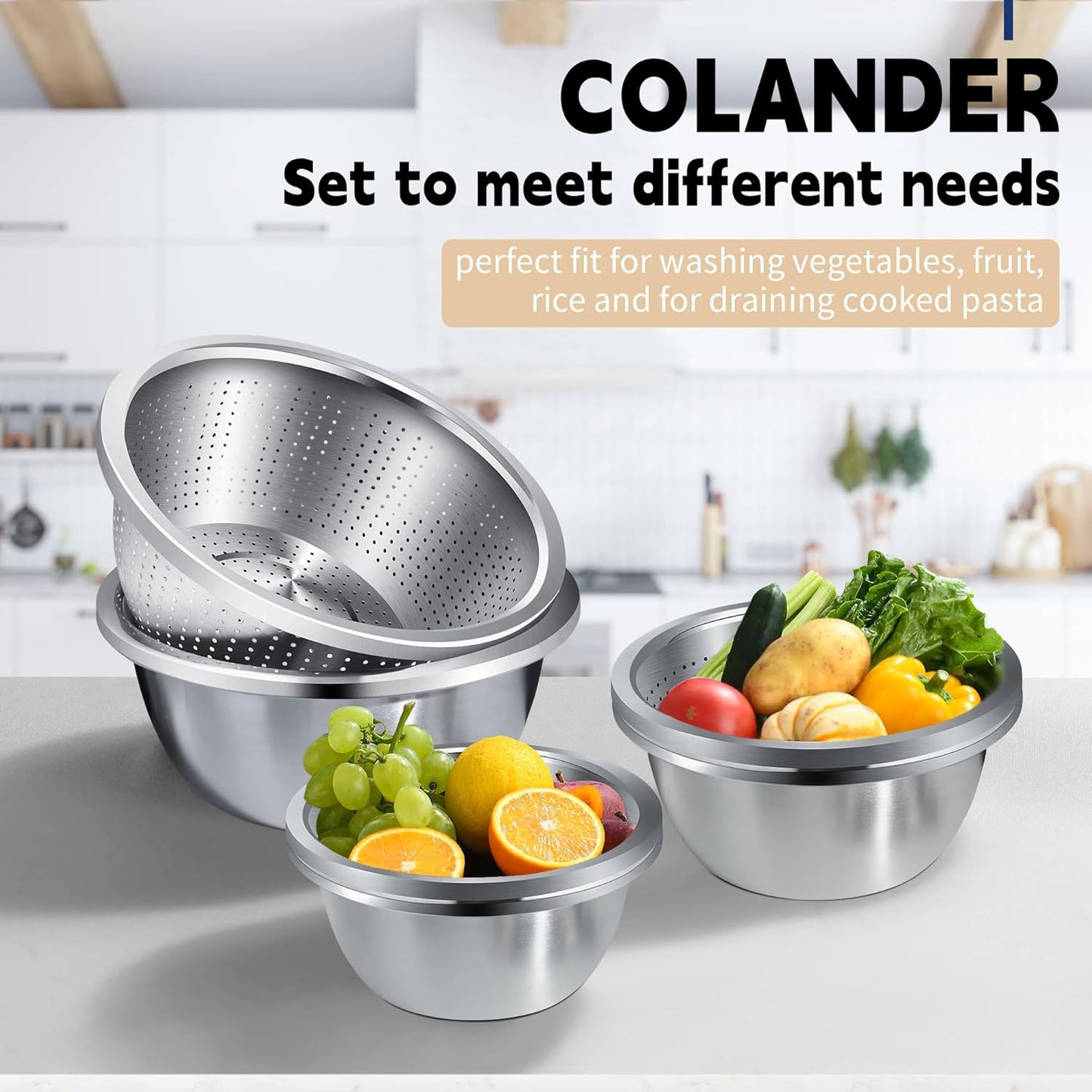 Colander 304 Stainless Steel 3-quart with Mixing Bowls, Dishwasher Safe. (2PC)