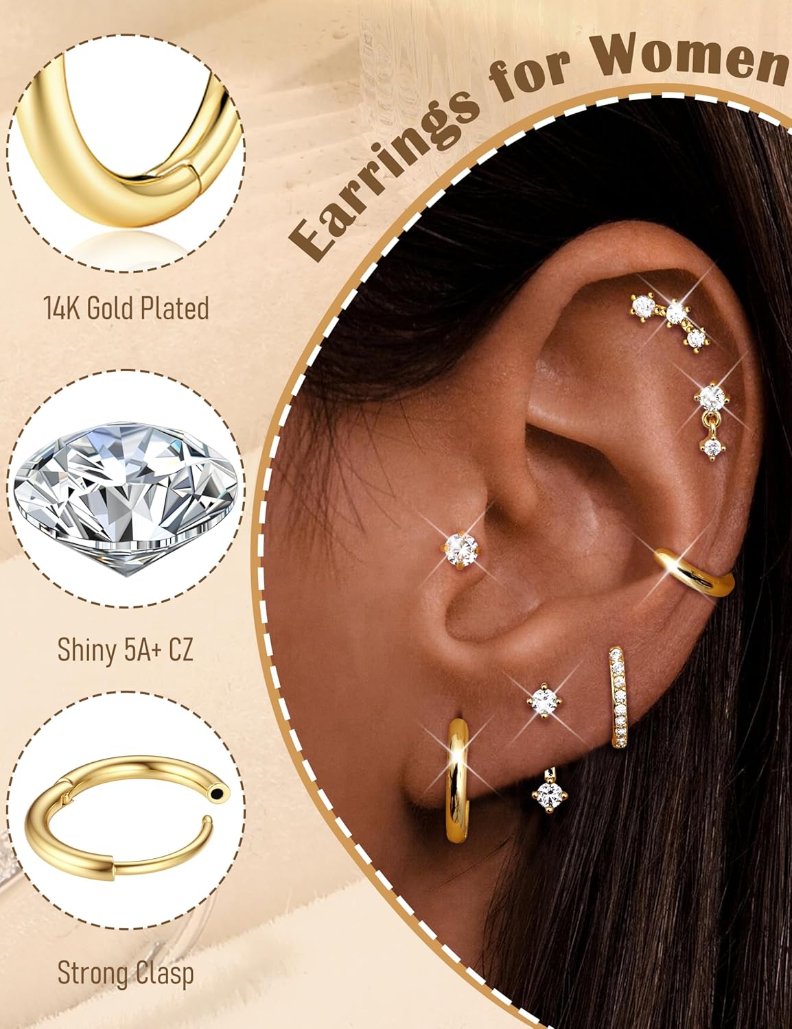 Small Stud Hoop Earrings for Women - 7 Pairs Hypoallergenic 14K Gold Plated Huggie Earring Sets for Multiple Piercing