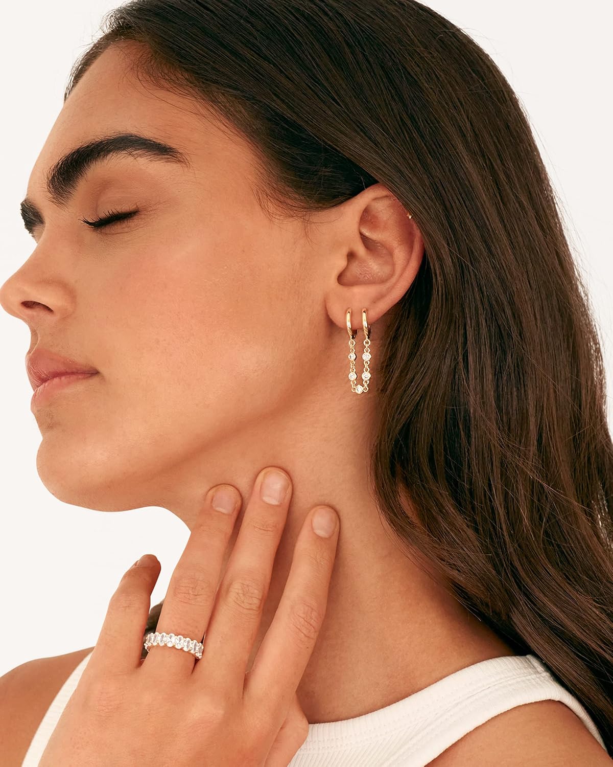 14K Gold Chain Earrings for Women | Double Piercing Dangle Chain Huggie Hoop Earrings | Cubic Zirconia Pearl Stud Ear Cuff Earrings for Women