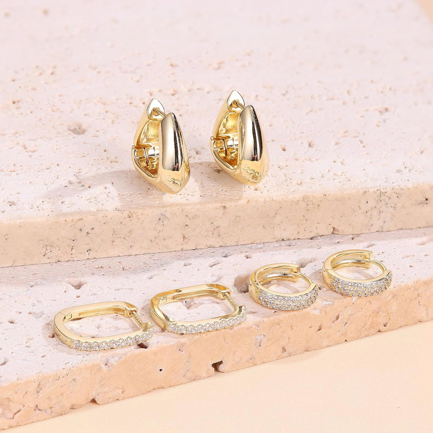 3Pairs 925 Sterling Silver, 14K Gold Plated Small Huggie Hoop Earrings Sets for Multiple Piercing CZ Cartilage Earrings Stacks