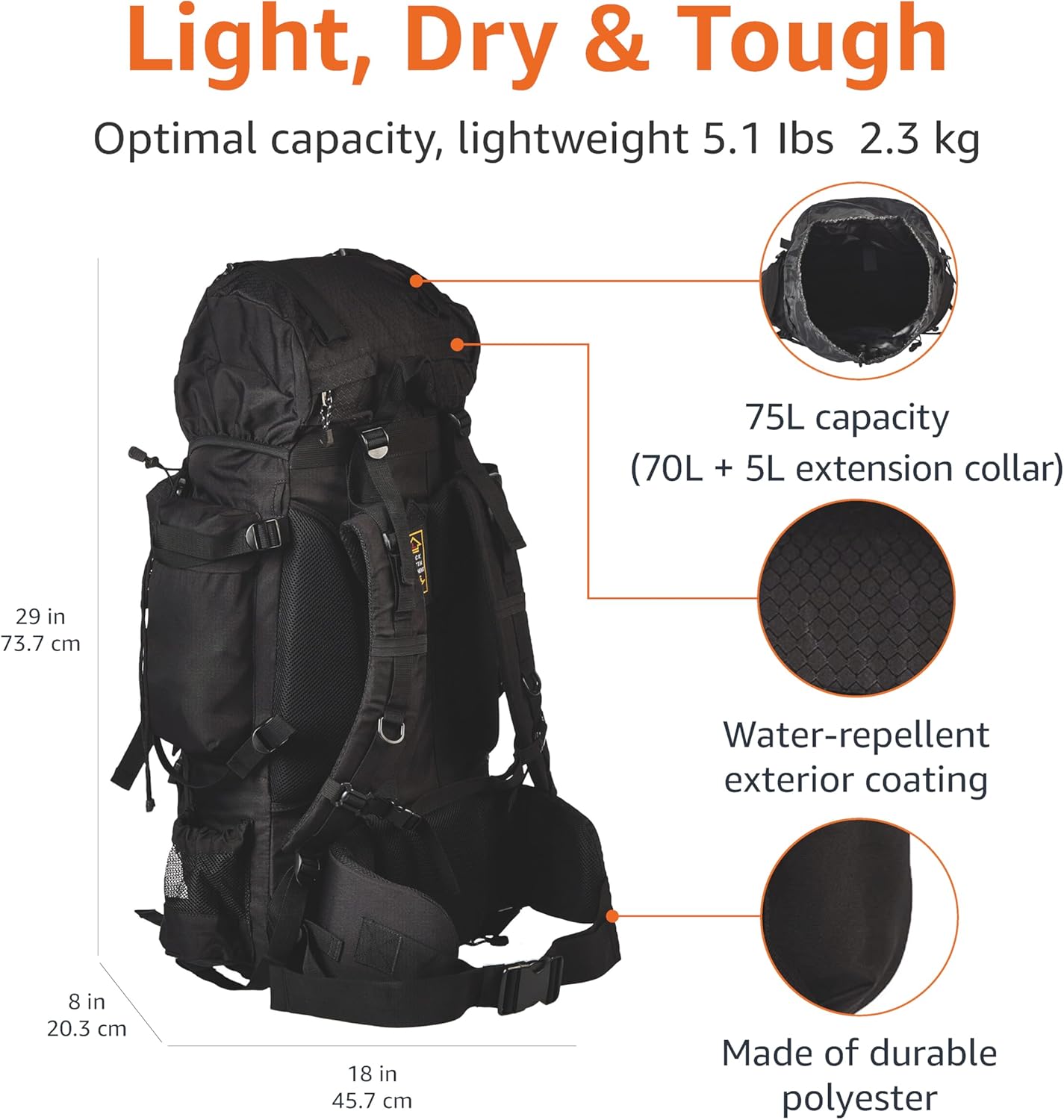 MOLLE Backpack with Internal Frame & Rain Cover for Tactical, Camping, Backpacking, Survival Travel