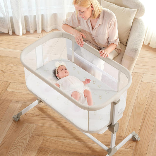 Bassinets Bedside Sleeper - All Mesh Bedside Bassinet with Wheels, Beige