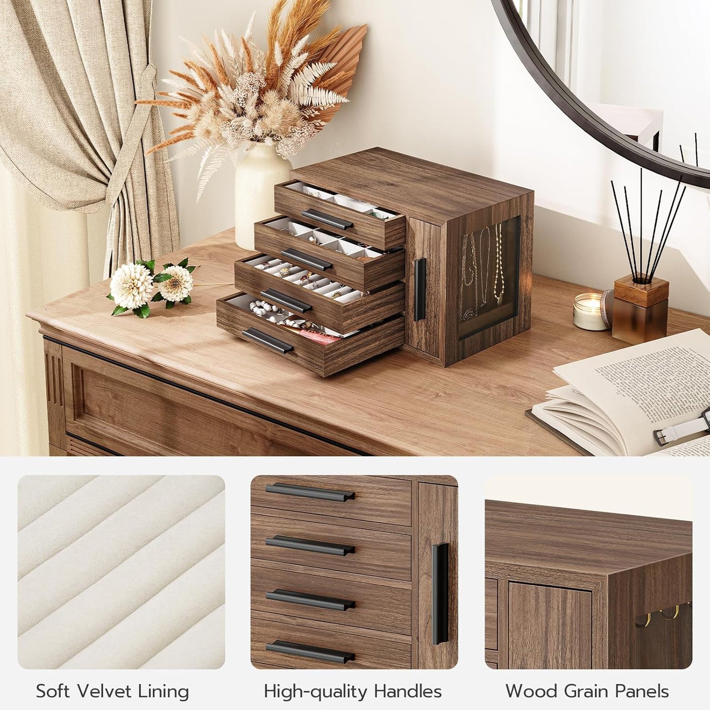 4-Layer Jewelry Organizer Box, Wooden Jewelry Organizer with Transparent Window